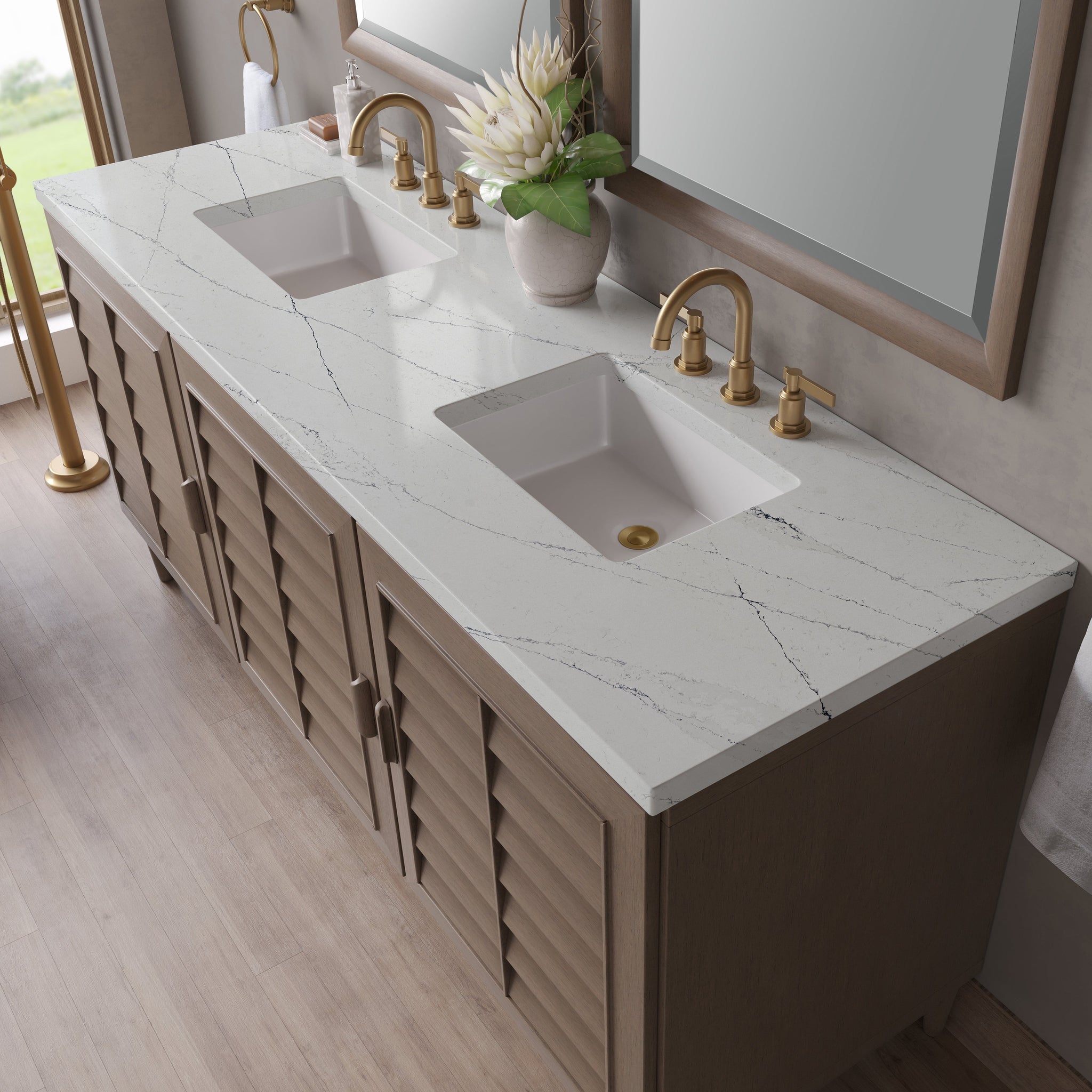 James Martin Portland 72" Double Bathroom Vanity, Whitewashed Walnut with Ethereal Noctis countertop
