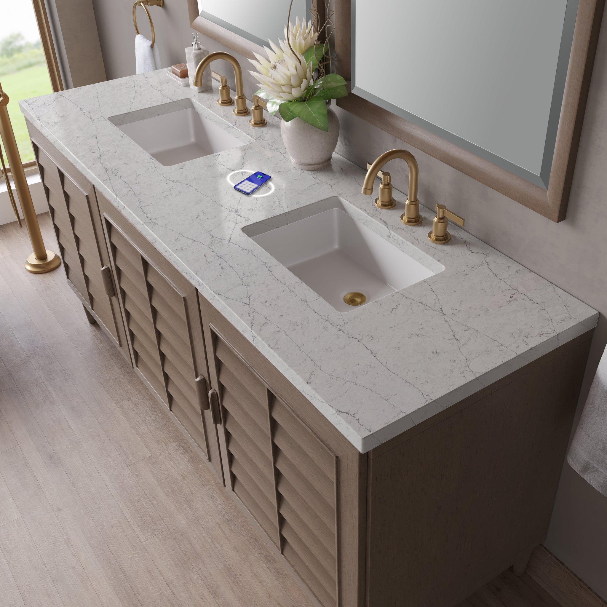 James Martin Portland 72" Double Bathroom Vanity, Whitewashed Walnut with Eternal Jasmine Pearl (FreePower) countertop