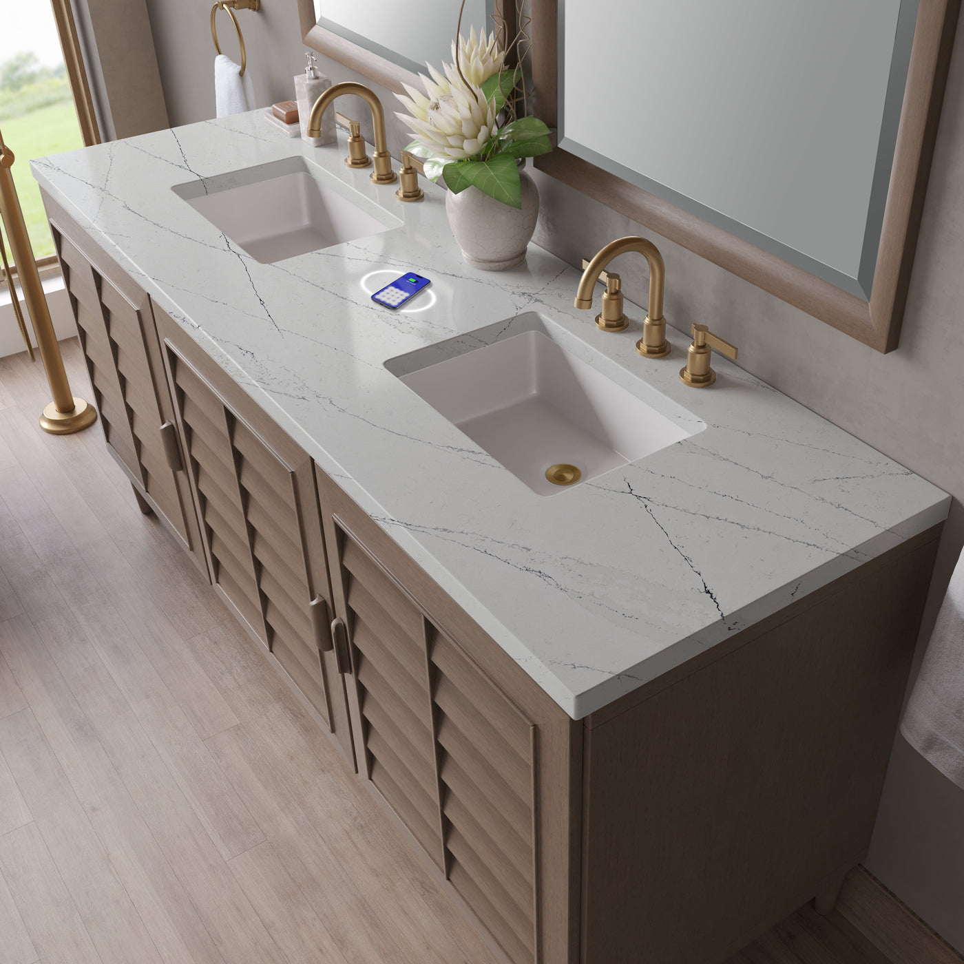 James Martin Portland 72" Double Bathroom Vanity, Whitewashed Walnut with Ethereal Noctis (FreePower) countertop