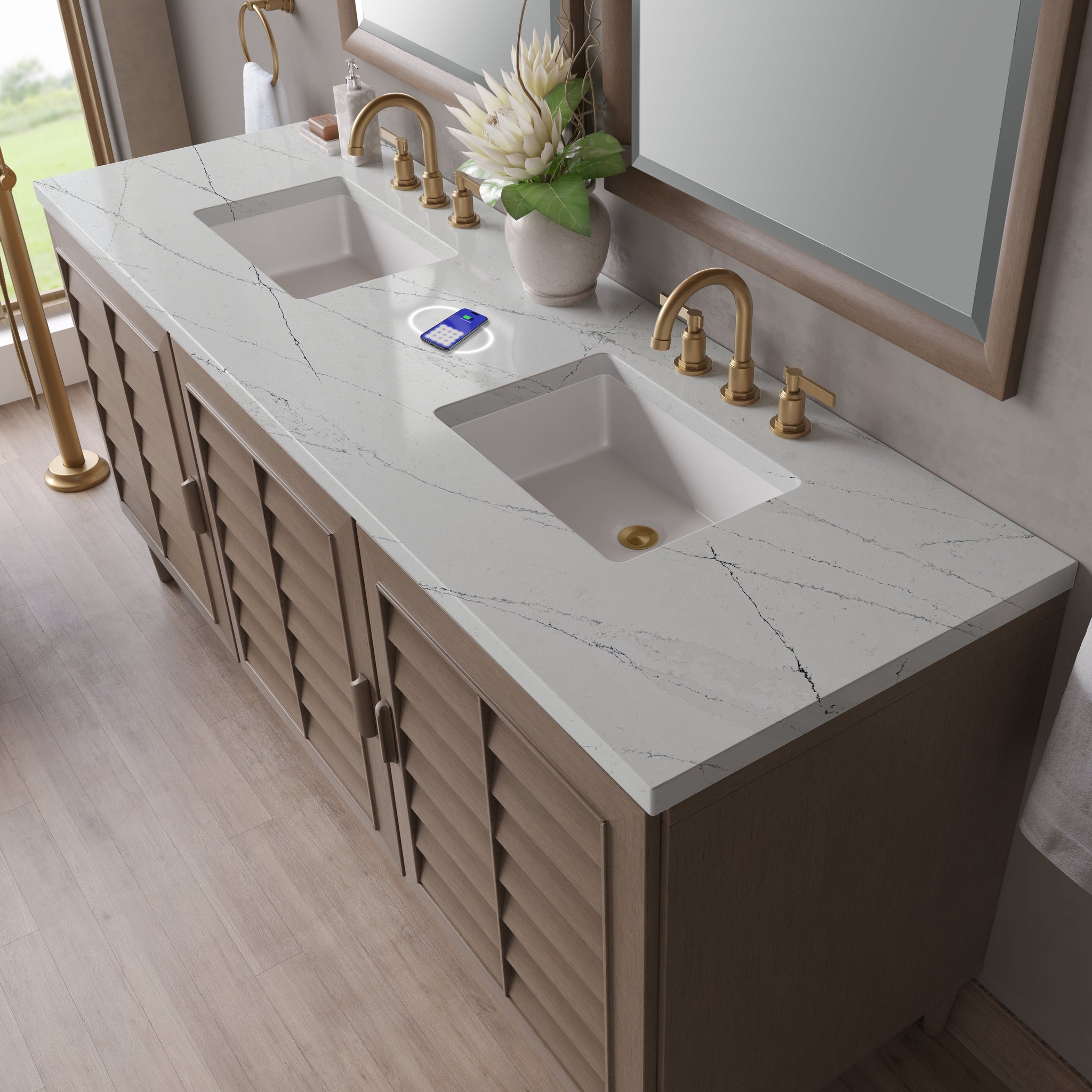James Martin Portland 72" Double Bathroom Vanity, Whitewashed Walnut with Ethereal Noctis (FreePower) countertop