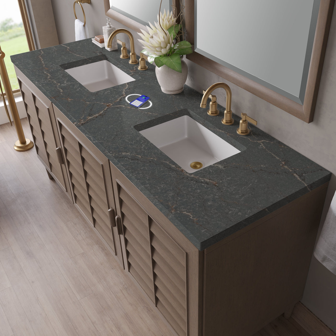 James Martin Portland 72" Double Bathroom Vanity, Whitewashed Walnut with Parisien Bleu (FreePower) countertop