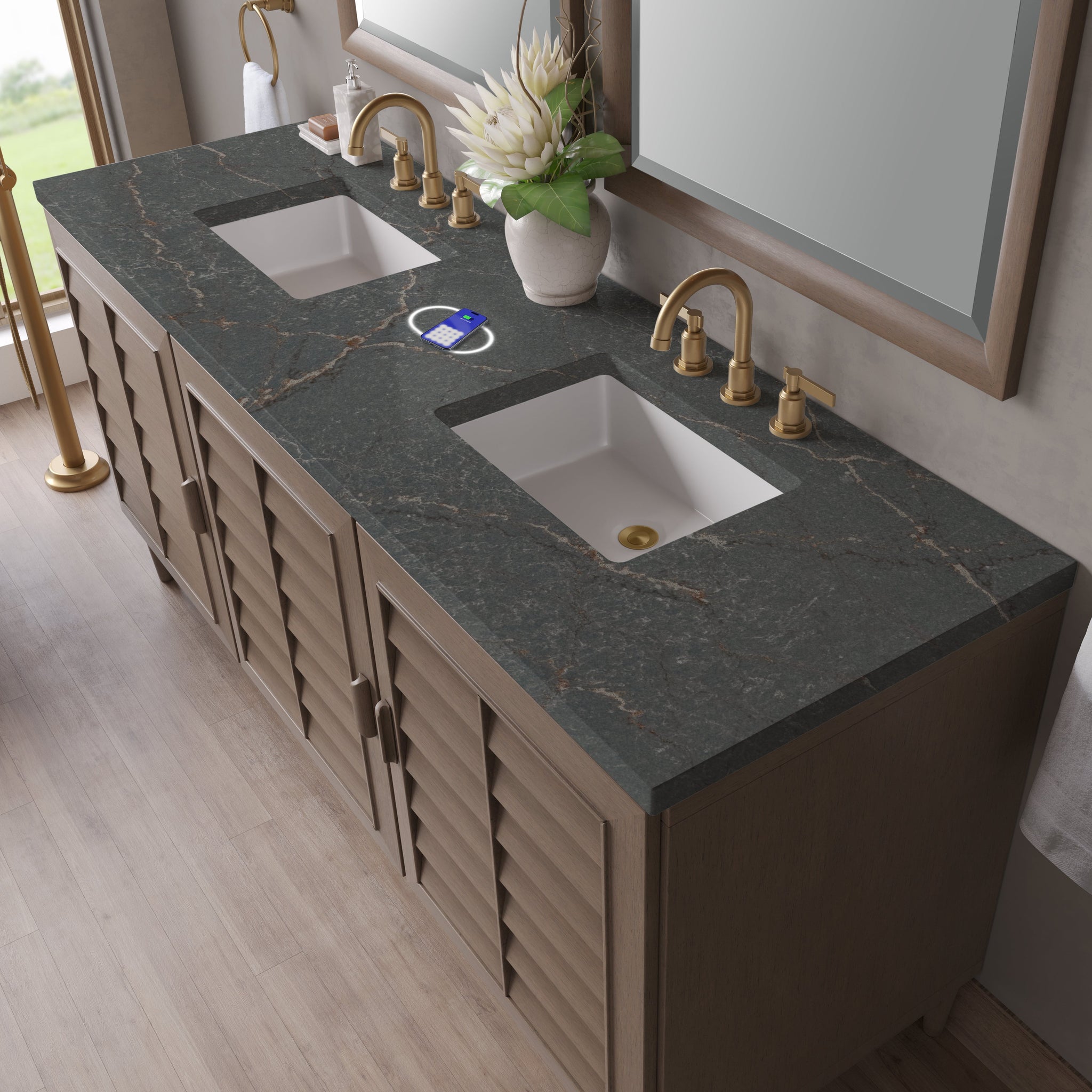 James Martin Portland 72" Double Bathroom Vanity, Whitewashed Walnut with Parisien Bleu (FreePower) countertop