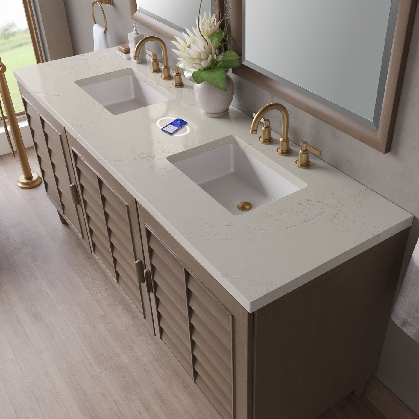 James Martin Portland 72" Double Bathroom Vanity, Whitewashed Walnut with Siberian (FreePower) countertop