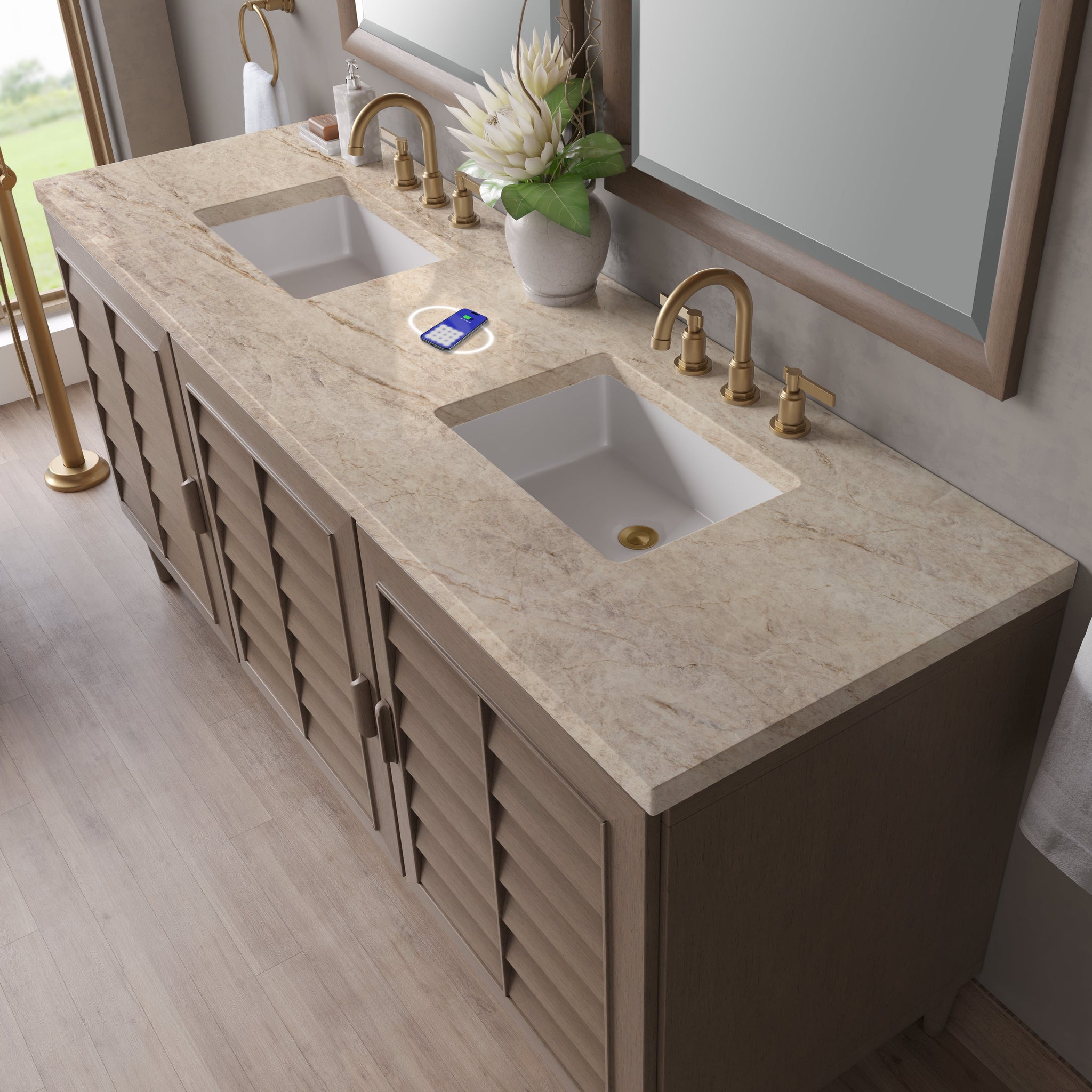 James Martin Portland 72" Double Bathroom Vanity, Whitewashed Walnut with Tajnar (FreePower) countertop