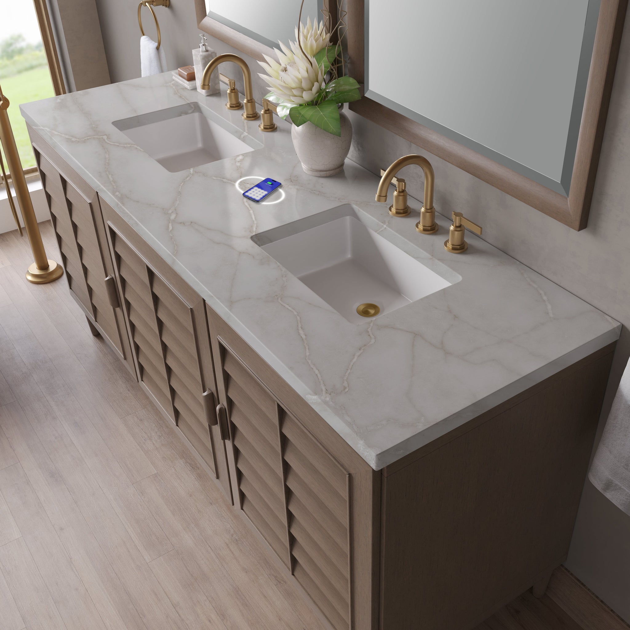 James Martin Portland 72" Double Bathroom Vanity, Whitewashed Walnut with Victorian Silver (FreePower) countertop