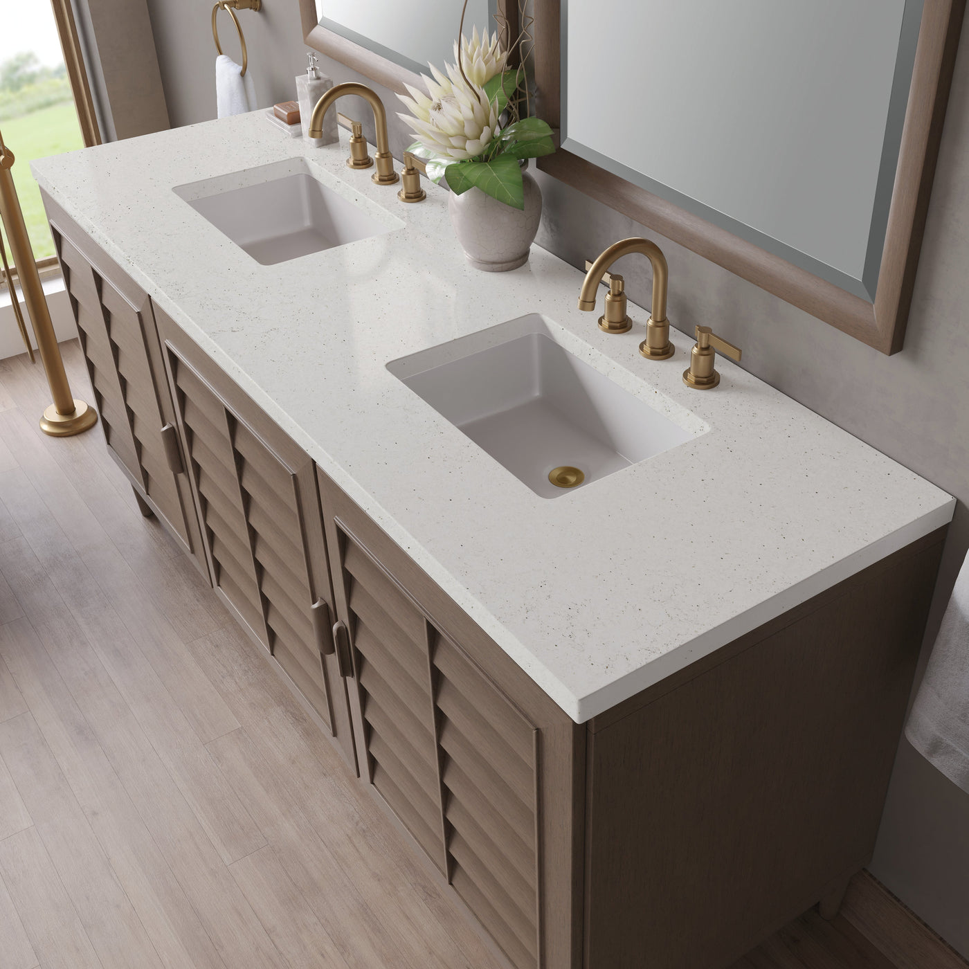 James Martin Portland 72" Double Bathroom Vanity, Whitewashed Walnut with Lime Delight countertop