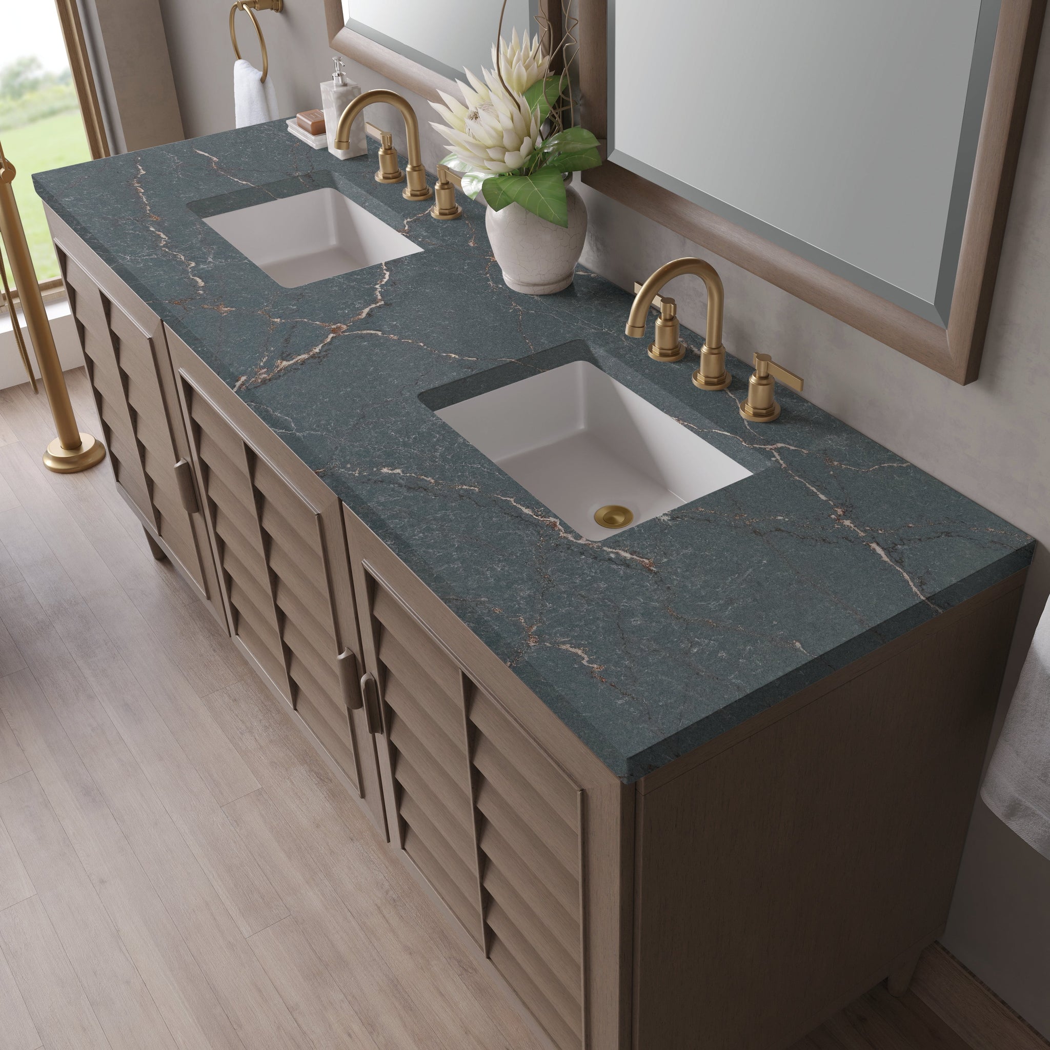 James Martin Portland 72" Double Bathroom Vanity, Whitewashed Walnut with Parisien Bleu countertop