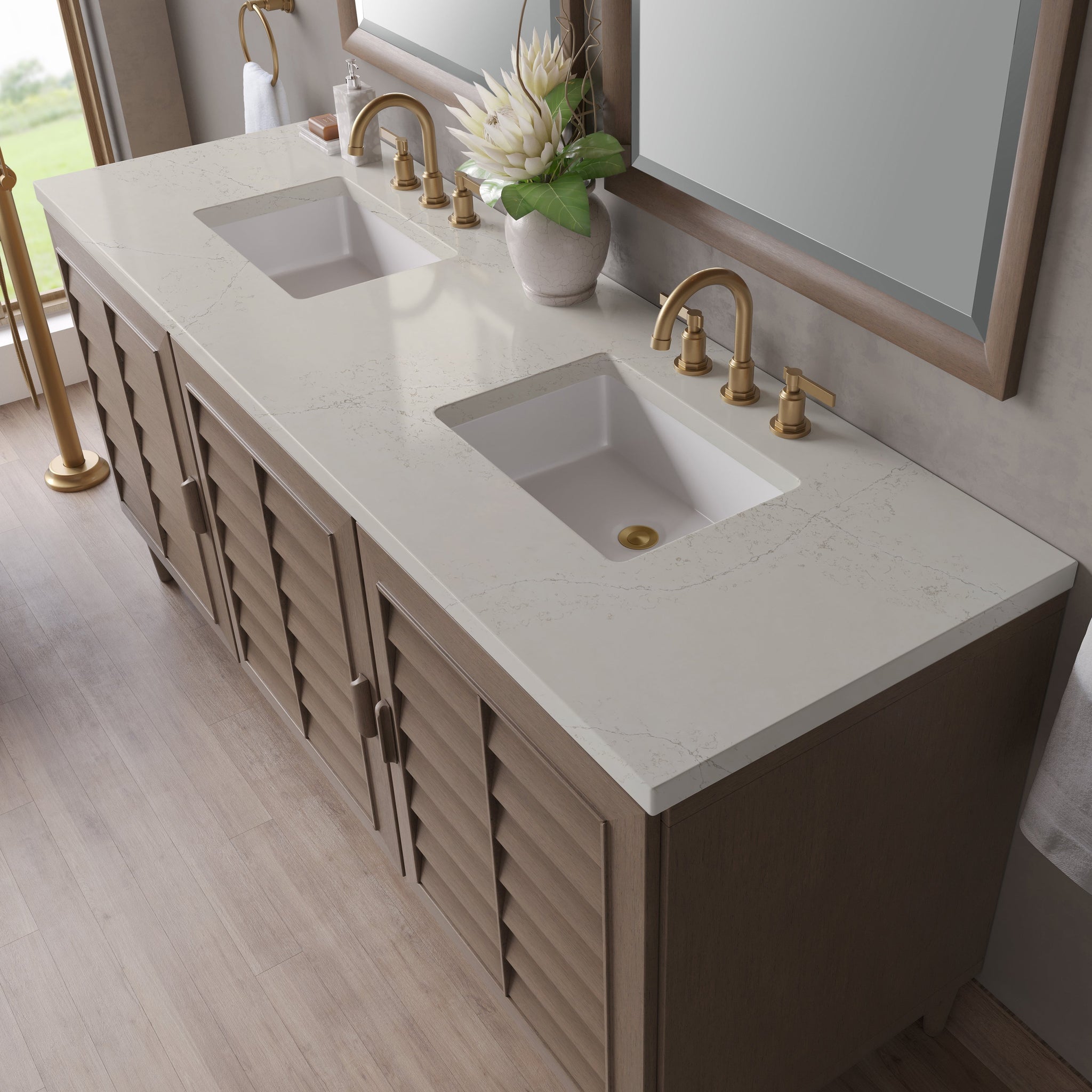 James Martin Portland 72" Double Bathroom Vanity, Whitewashed Walnut with Siberian countertop
