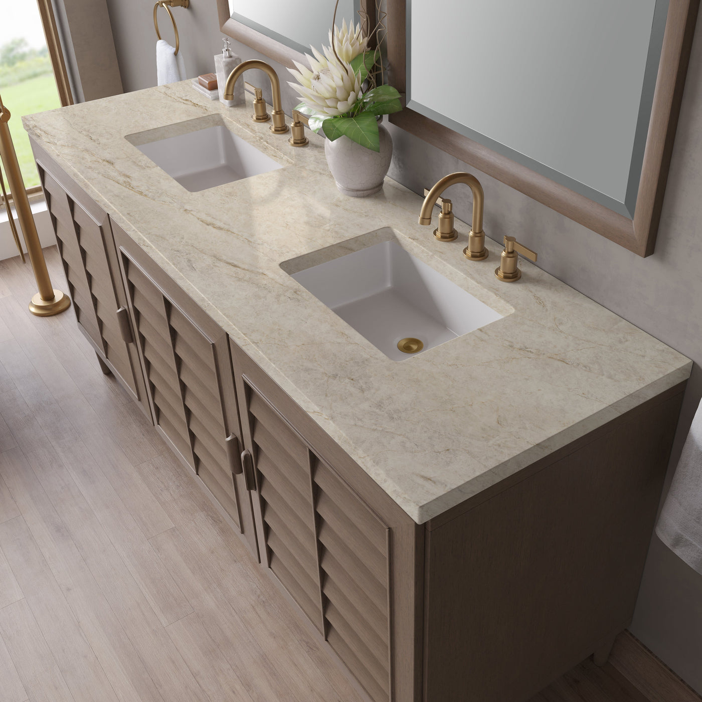 James Martin Portland 72" Double Bathroom Vanity, Whitewashed Walnut with Tajnar countertop