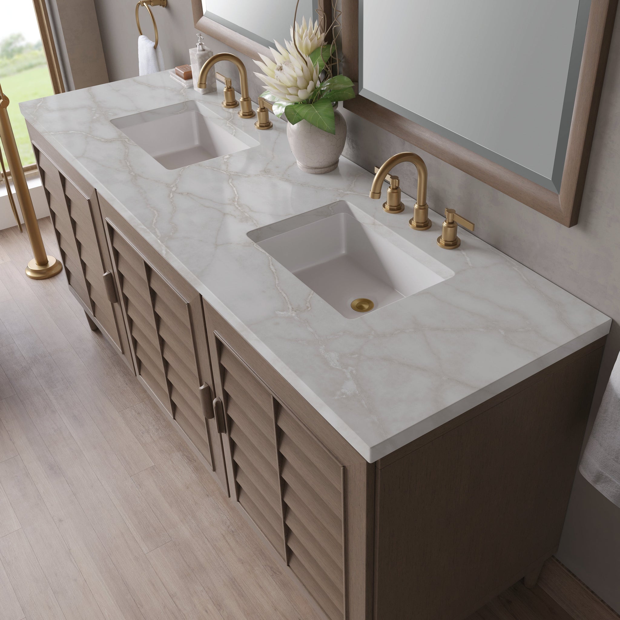 James Martin Portland 72" Double Bathroom Vanity, Whitewashed Walnut with Victorian Silver countertop