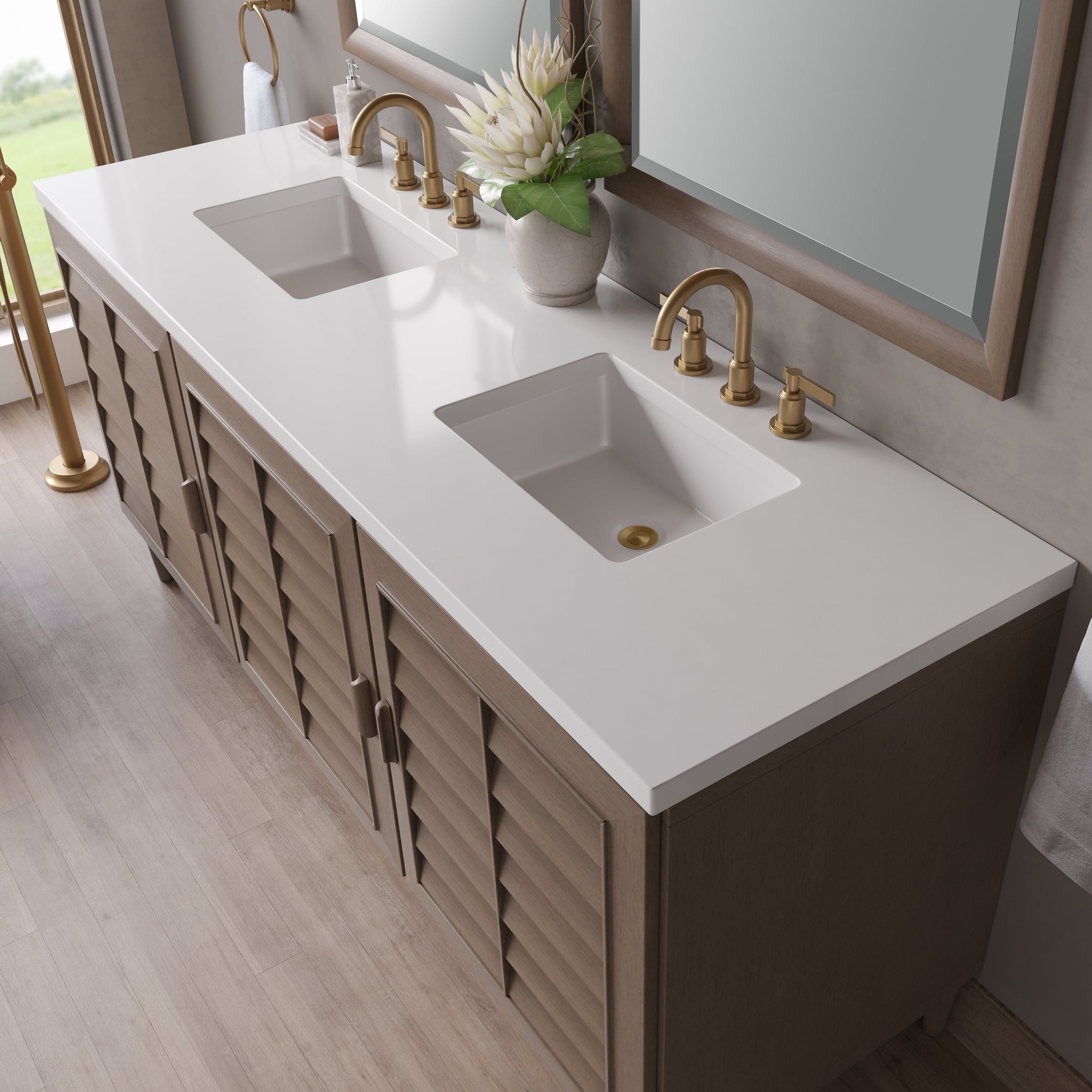 James Martin Portland 72" Double Bathroom Vanity, Whitewashed Walnut with White Zeus countertop