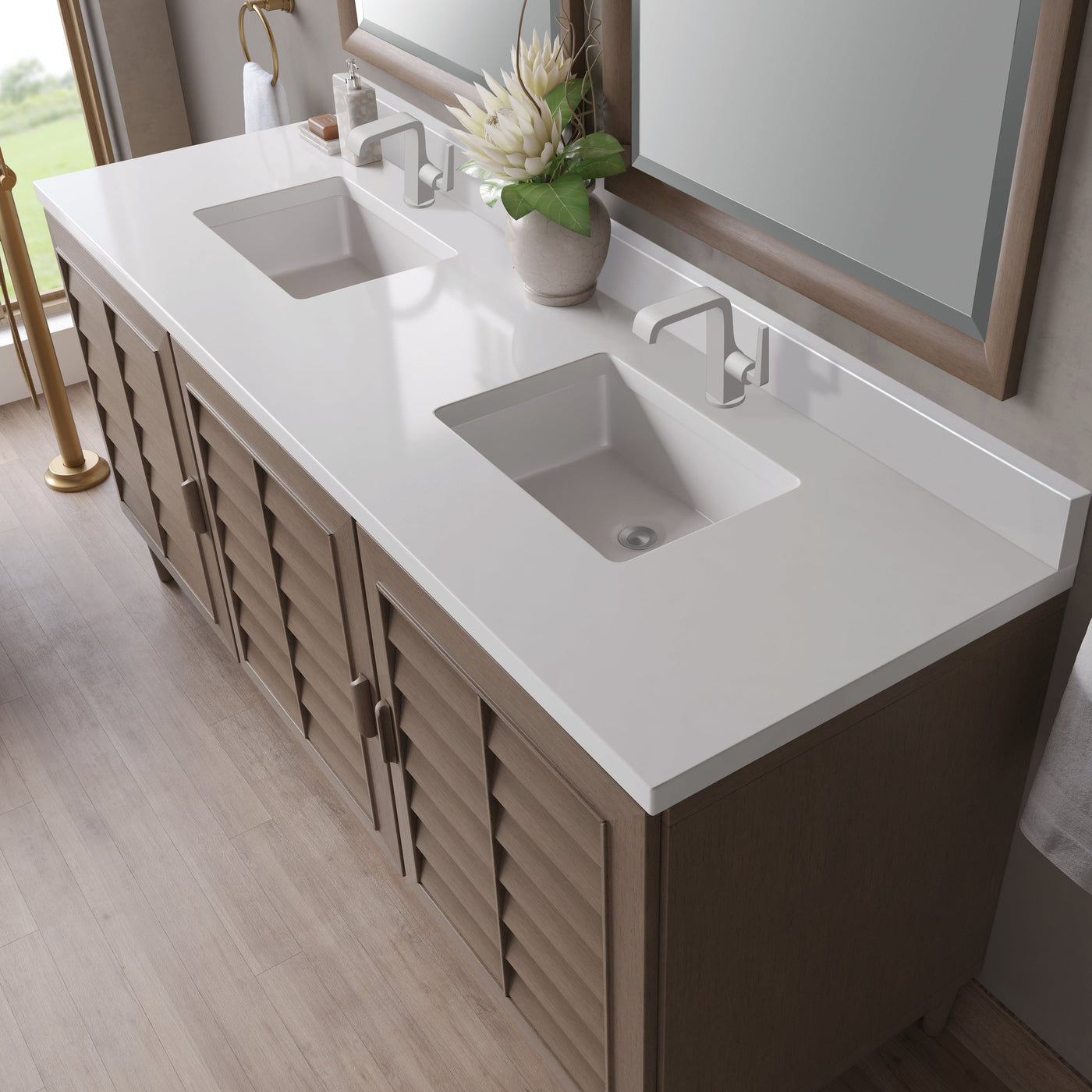 James Martin Portland 72" Double Bathroom Vanity, Whitewashed Walnut with White Zeus (Single Hole, with Backsplash) countertop