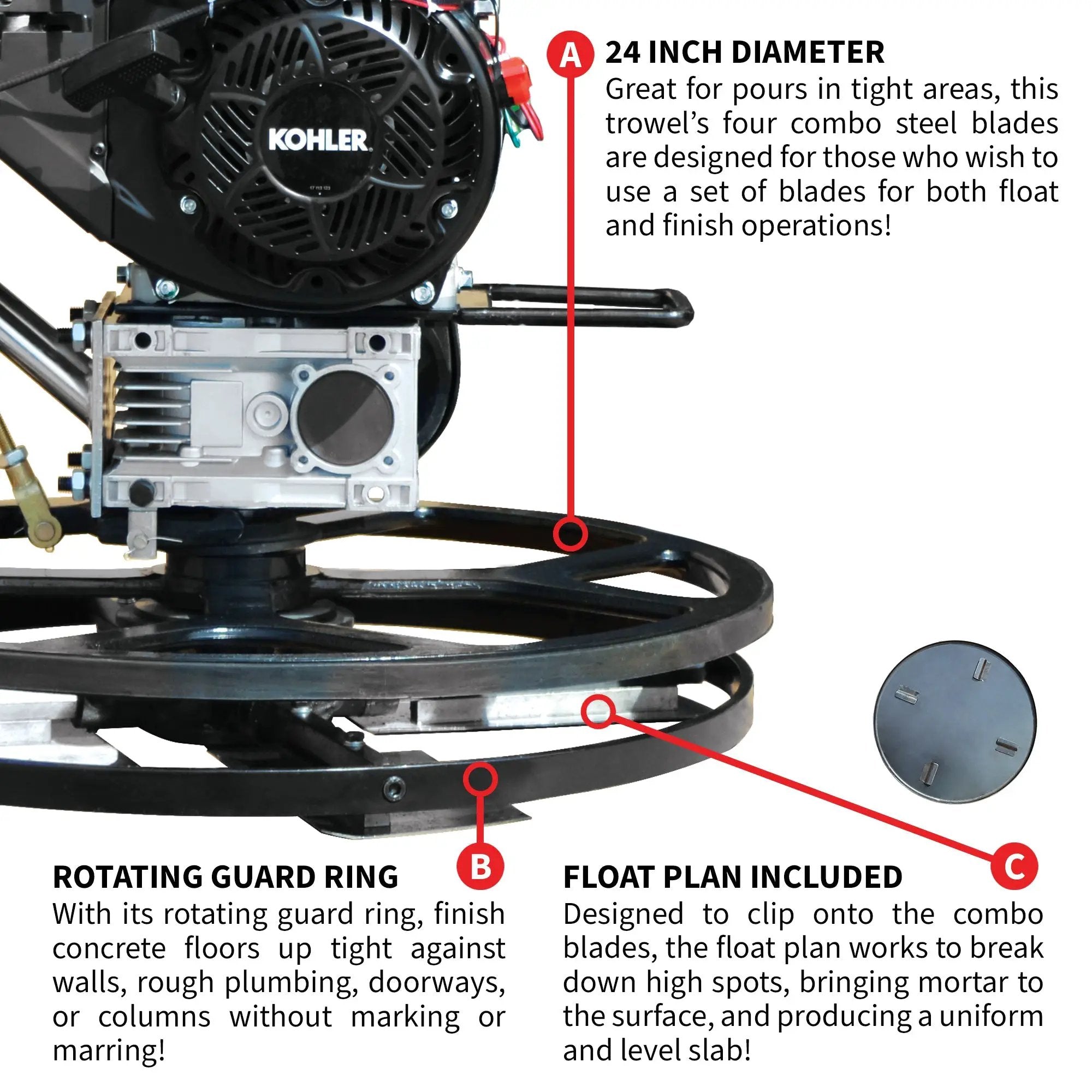 24" Concrete Power Trowel Edger 6HP Kohler Float Pan Blade Screed Finishing Tool by Tomahawk Power