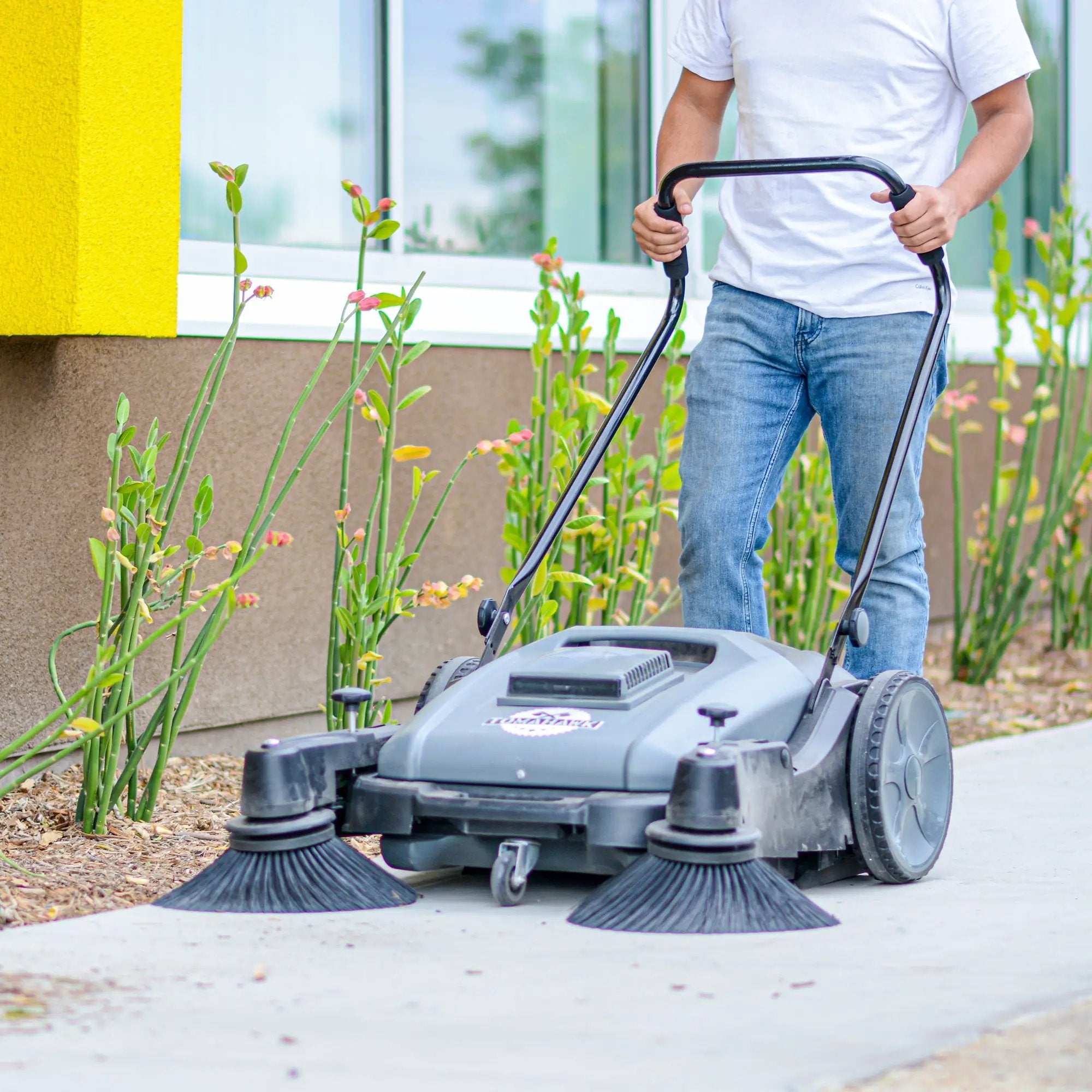 Commercial 38" Push Sweeper with Triple Power Brooms by Tomahawk Power
