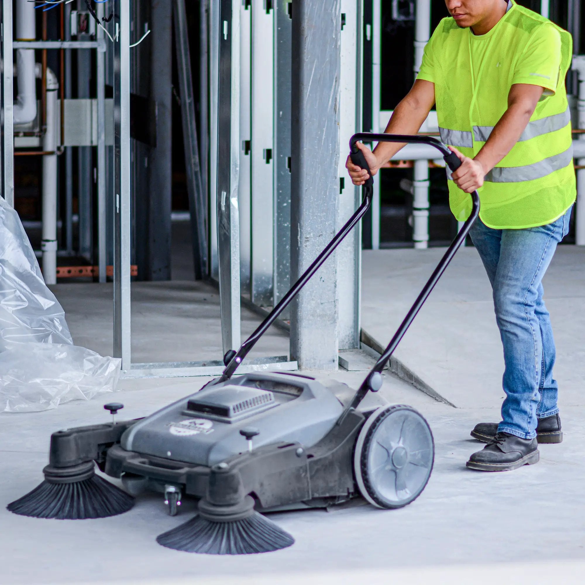 Commercial 38" Push Sweeper with Triple Power Brooms by Tomahawk Power
