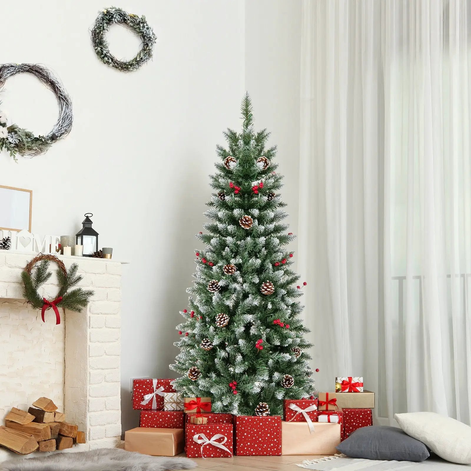 Pre-lit Artificial Pencil Christmas Tree with Pine Cones and Red Berries by DirectDeals
