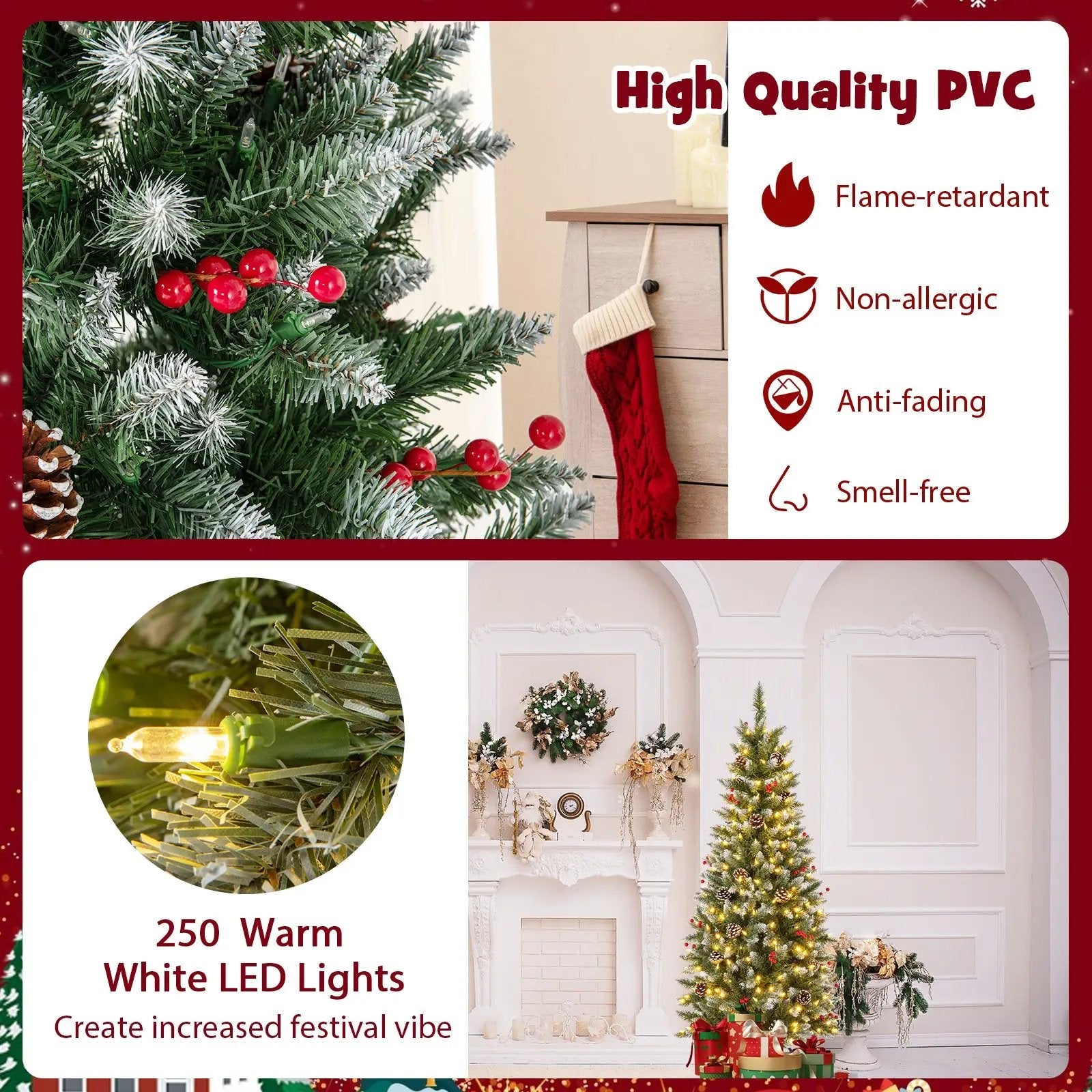 Pre-lit Artificial Pencil Christmas Tree with Pine Cones and Red Berries by DirectDeals
