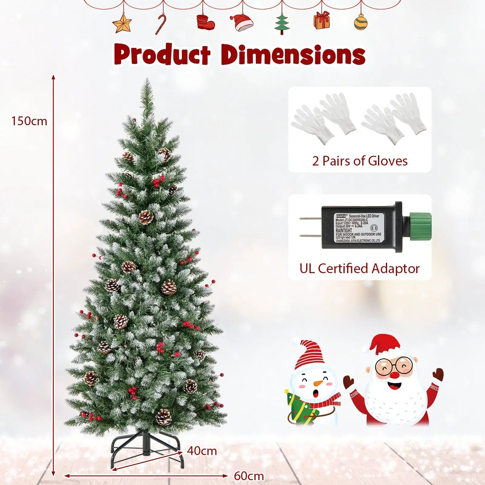 Pre-lit Artificial Pencil Christmas Tree with Pine Cones and Red Berries by DirectDeals