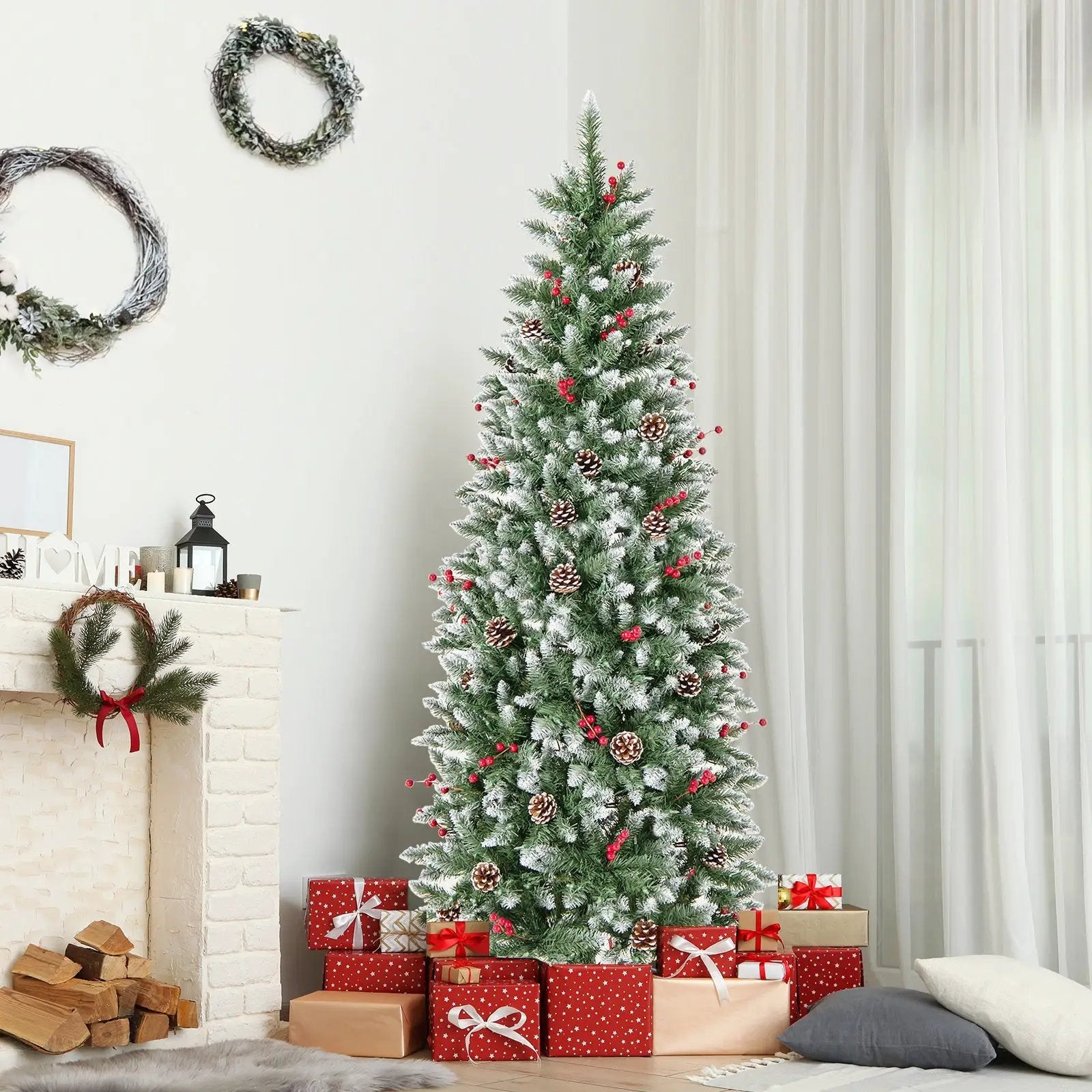 Pre-lit Artificial Pencil Christmas Tree with Pine Cones and Red Berries by DirectDeals