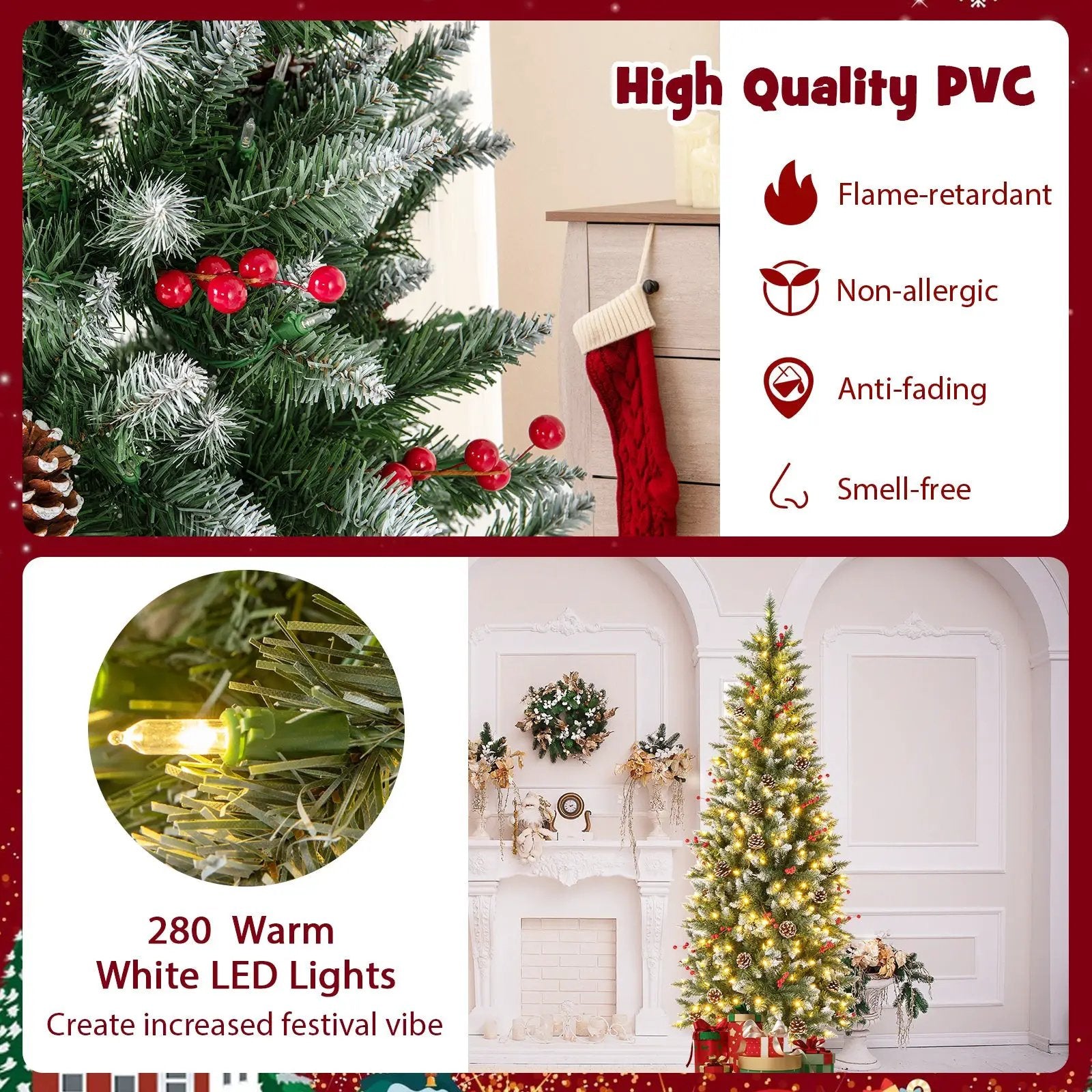 Pre-lit Artificial Pencil Christmas Tree with Pine Cones and Red Berries by DirectDeals