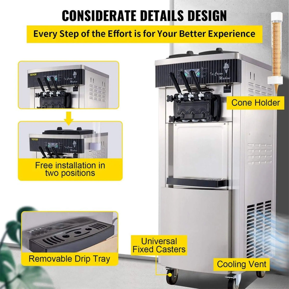 Premium 3-Flavors 20-28L/H Commercial Soft Serve Yogurt Ice Cream Machine Maker (SAK97524) by SAKSBY WHOLESALE