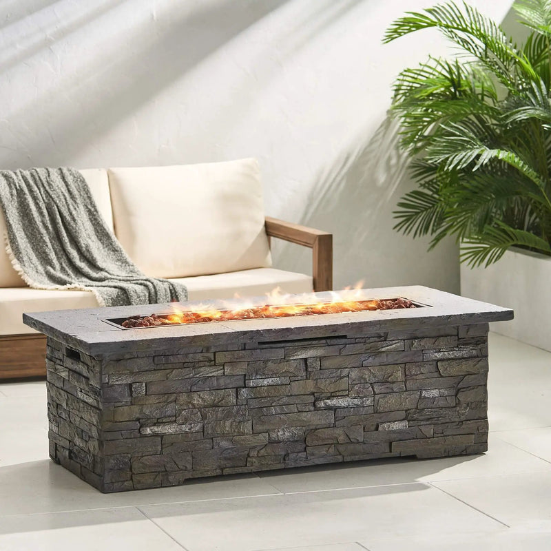 Alora Premium 56" Outdoor Rectangular Concrete Propane Fire Pit W/ Faux Stone Pattern, 50K BTU (SAK31845) by SAKSBY WHOLESALE