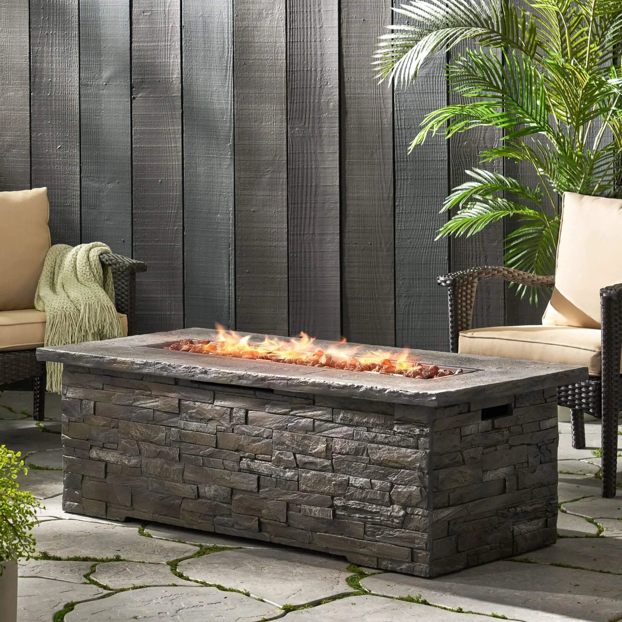 Alora Premium 56" Outdoor Rectangular Concrete Propane Fire Pit W/ Faux Stone Pattern, 50K BTU (SAK31845) by SAKSBY WHOLESALE