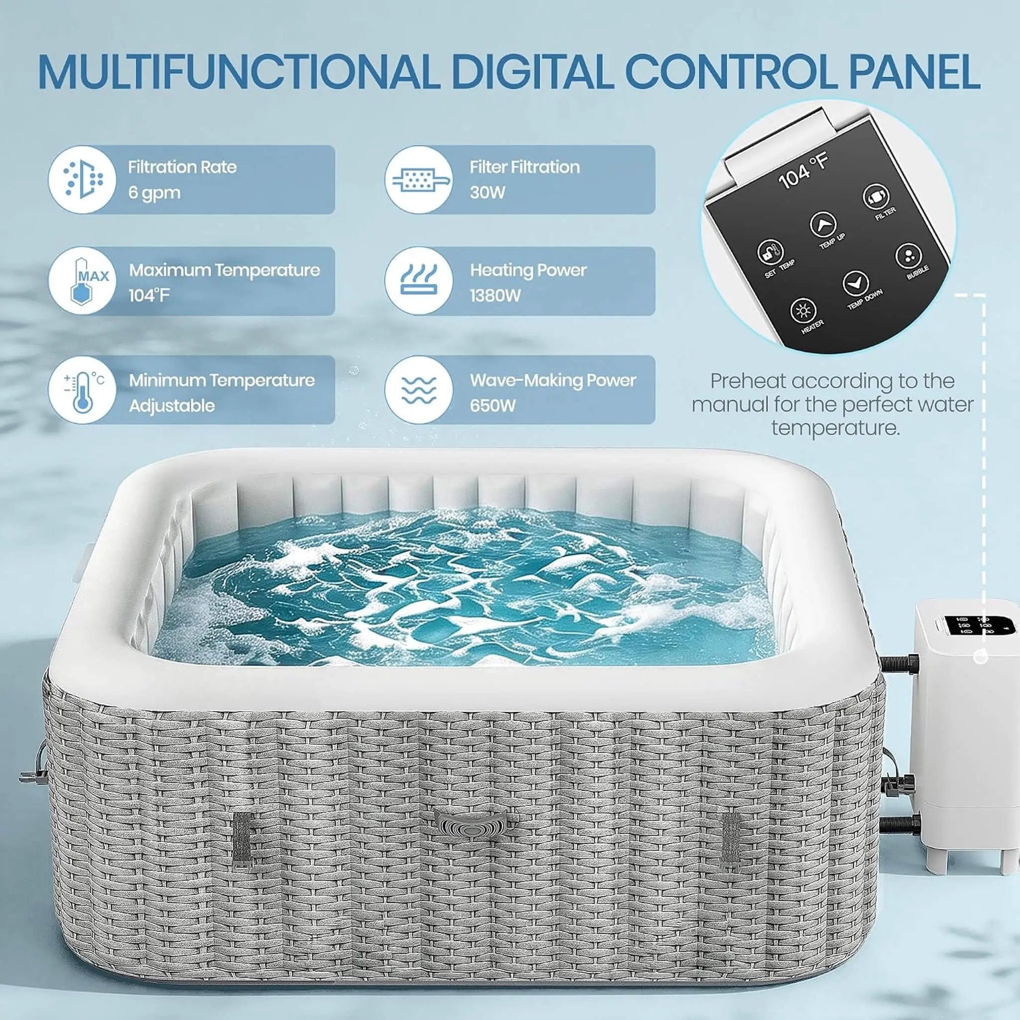 Premium 73-Inch Portable 6-Person Inflatable Square Hot Tub W/ 130 Massage Jets And 6 Filter Cartridges (SAK82109) by SAKSBY WHOLESALE