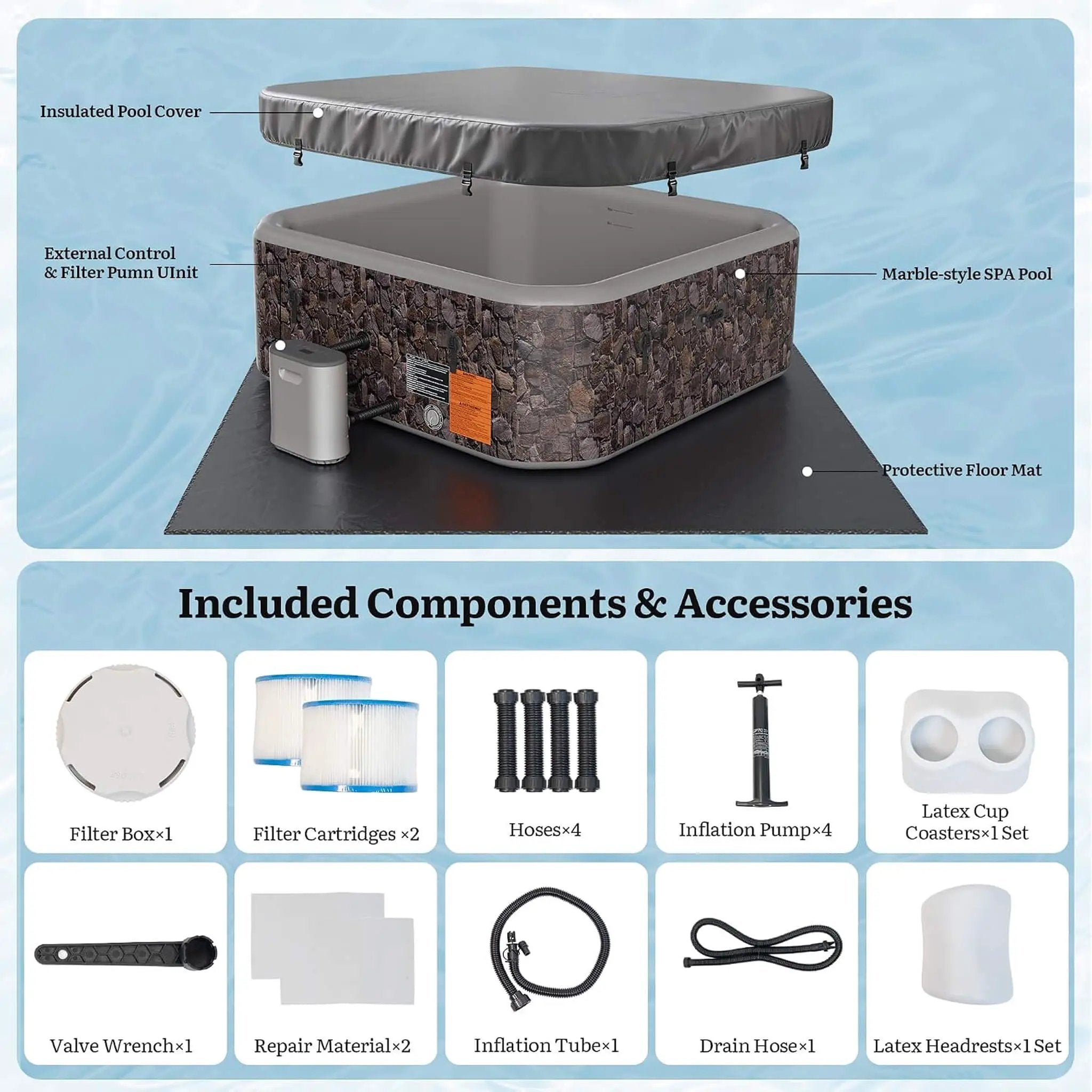 Premium 77-Inch Portable 6-Person Natural Stone Design Inflatable Square Hot Tub W/ 180 Massage Jets (SAK86251) by SAKSBY WHOLESALE