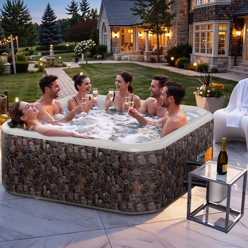 Premium 77-Inch Portable 6-Person Natural Stone Design Inflatable Square Hot Tub W/ 180 Massage Jets (SAK86251) by SAKSBY WHOLESALE
