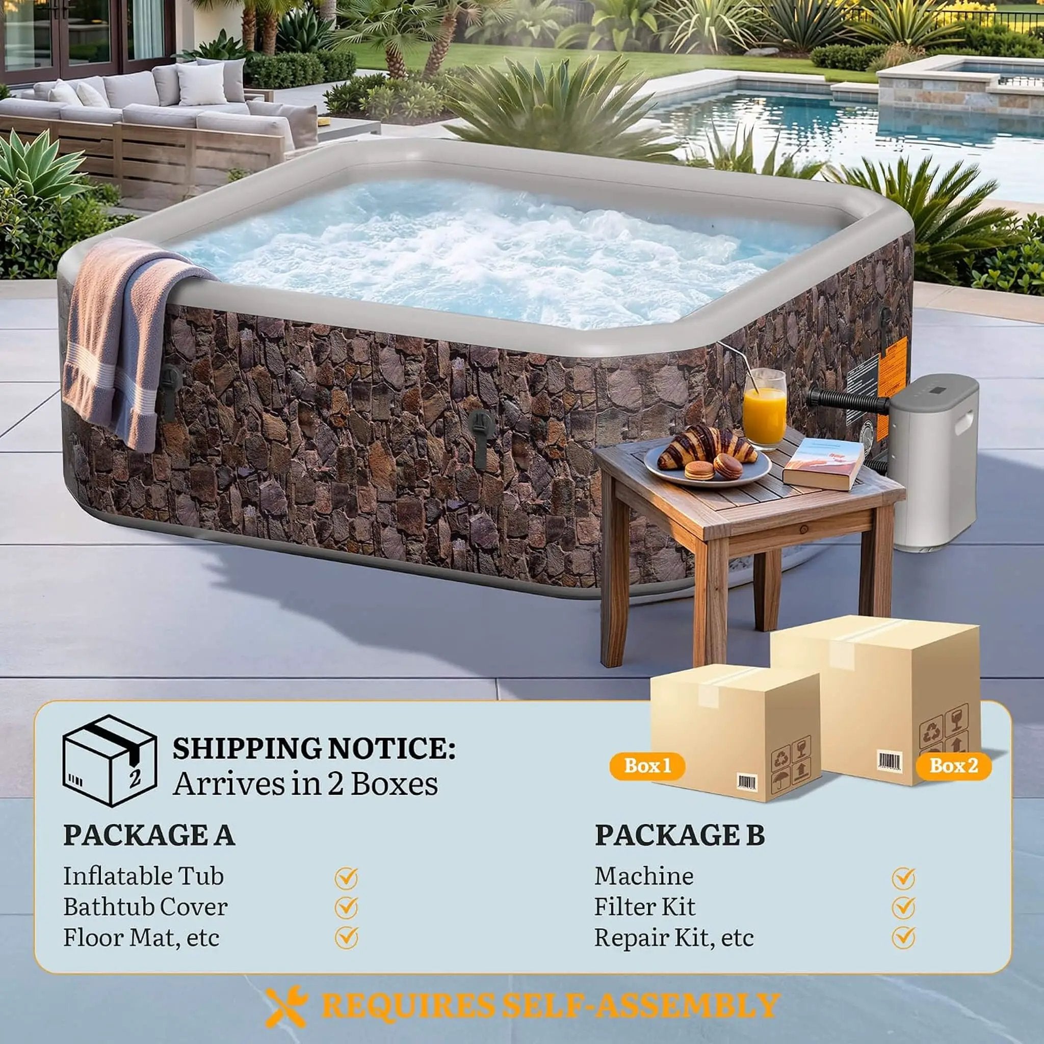 Premium 77-Inch Portable 6-Person Natural Stone Design Inflatable Square Hot Tub W/ 180 Massage Jets (SAK86251) by SAKSBY WHOLESALE