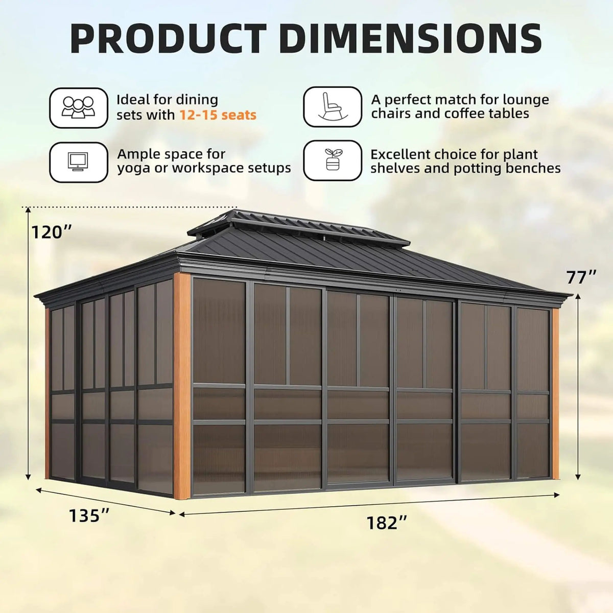 Alora Solstice Premium All-Season Outdoor Wood Grain Sunroom With Sliding Doors And Double Top Roof (SAK58317) by SAKSBY WHOLESALE