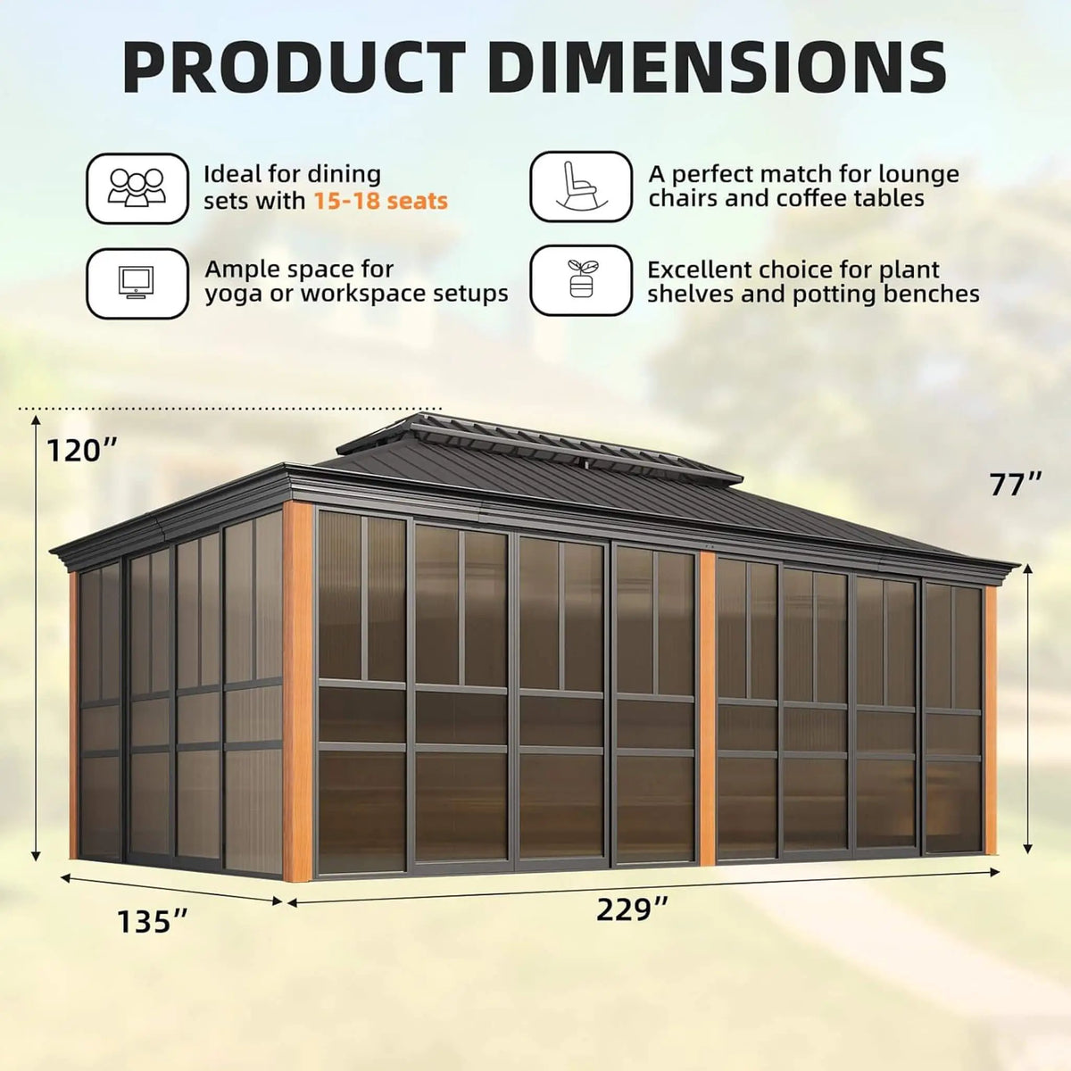 Alora Solstice Premium All-Season Outdoor Wood Grain Sunroom With Sliding Doors And Double Top Roof (SAK58317) by SAKSBY WHOLESALE