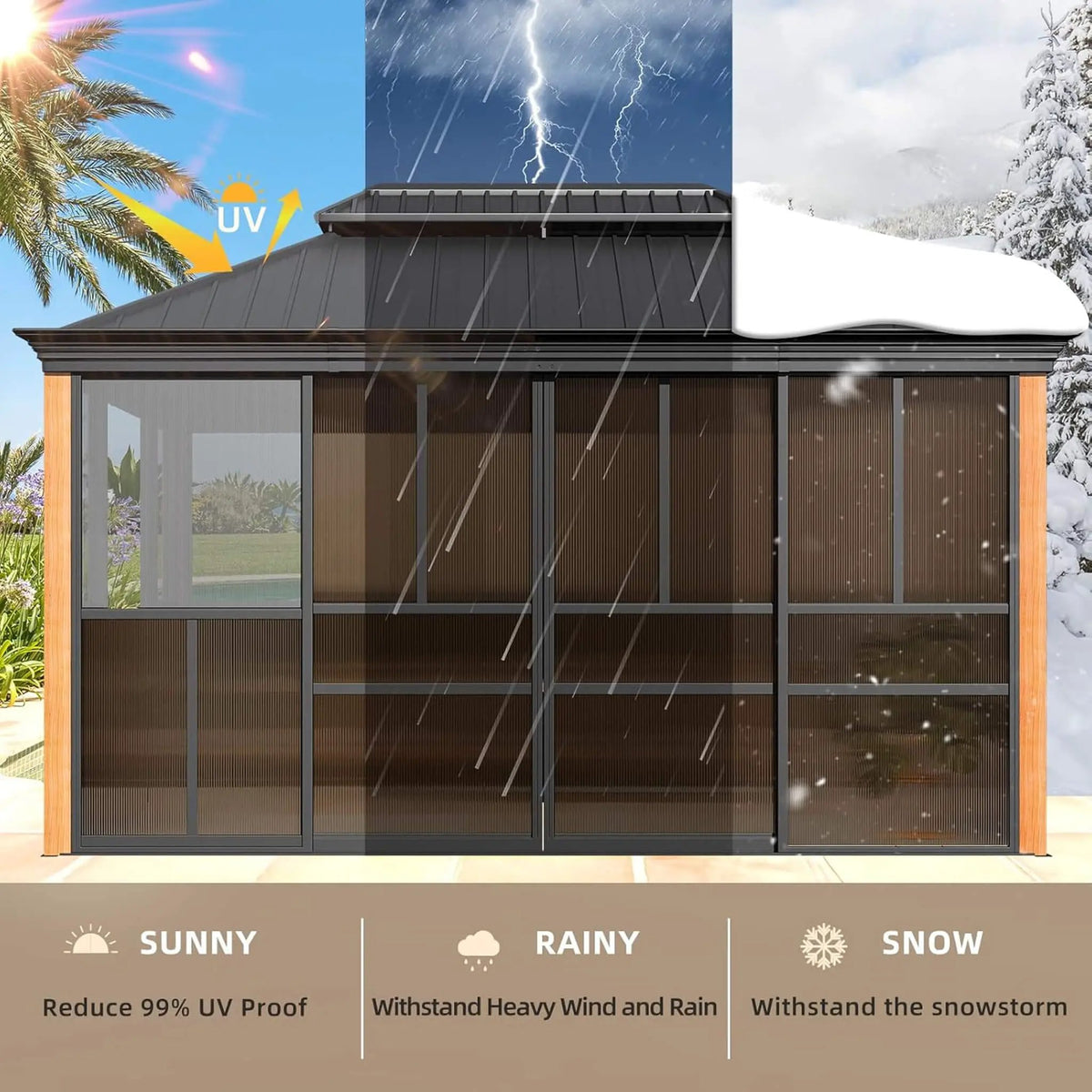 Alora Solstice Premium All-Season Outdoor Wood Grain Sunroom With Sliding Doors And Double Top Roof (SAK58317) by SAKSBY WHOLESALE