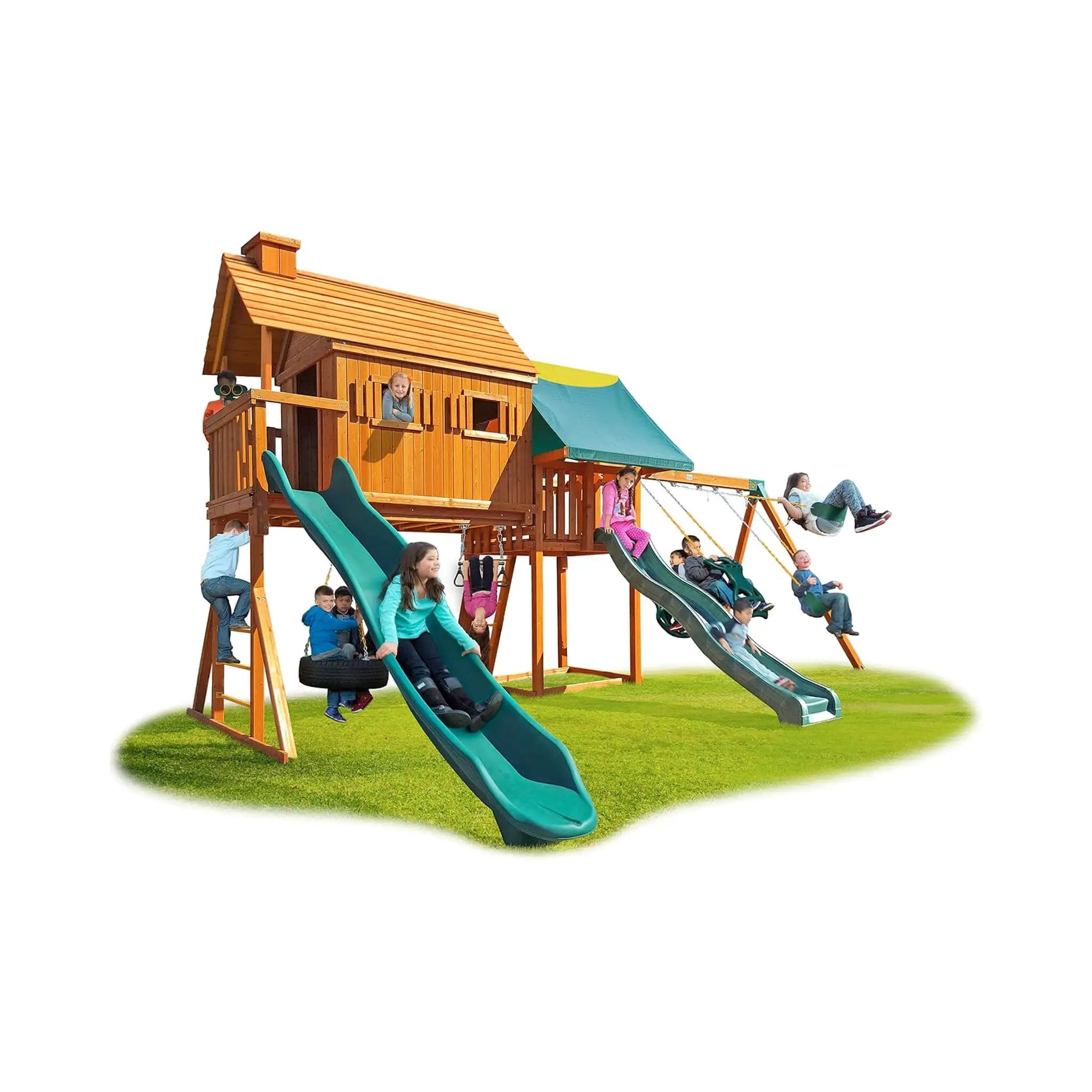 Premium Cedar Wood Tree House Swing Set With Clubhouse, Wave Slide And Scoop Slide (SAK30746) by SAKSBY WHOLESALE
