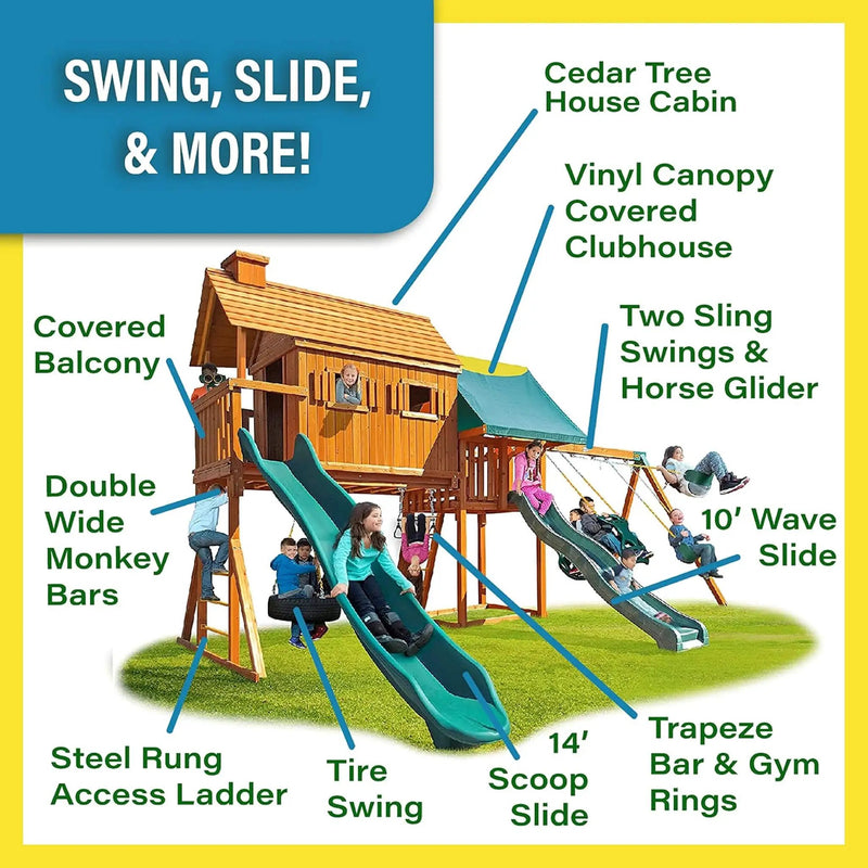 Premium Cedar Wood Tree House Swing Set With Clubhouse, Wave Slide And Scoop Slide (SAK30746) by SAKSBY WHOLESALE
