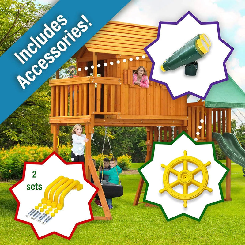 Premium Cedar Wood Tree House Swing Set With Clubhouse, Wave Slide And Spiral Slide (SAK29581) by SAKSBY WHOLESALE