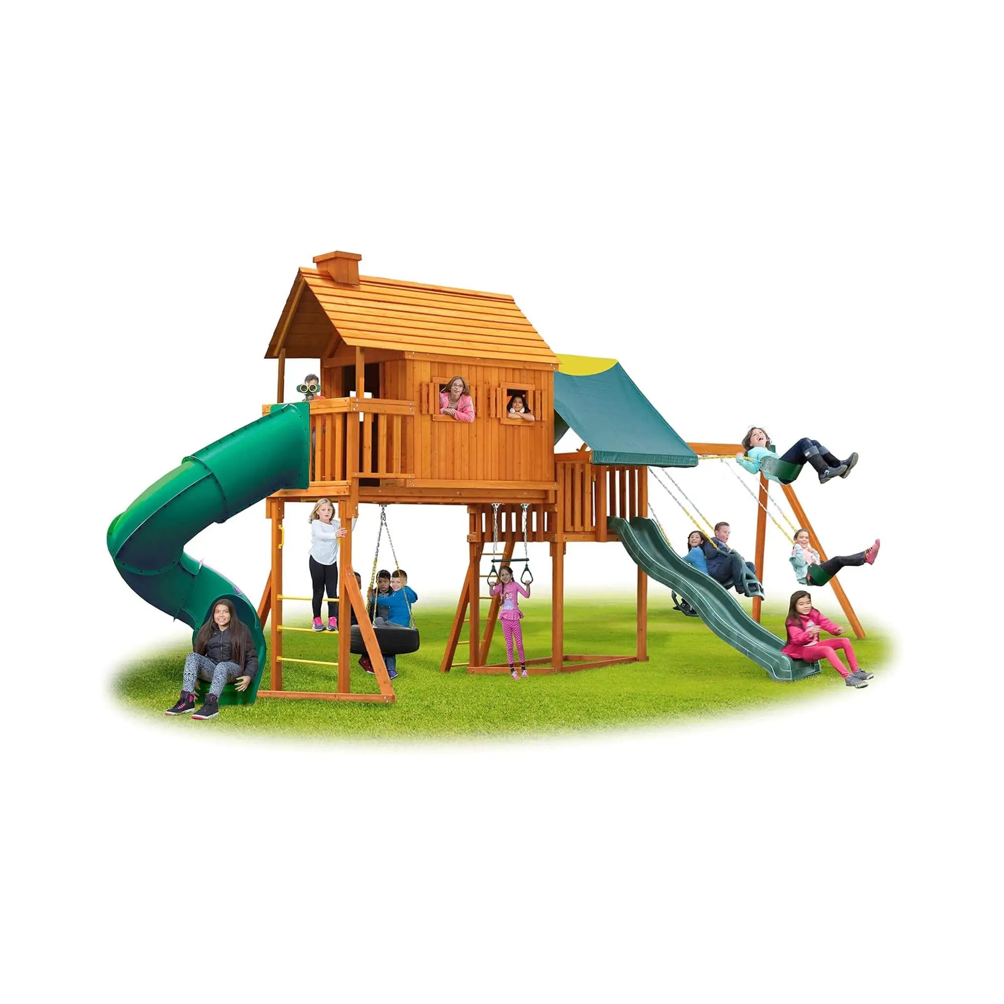 Premium Cedar Wood Tree House Swing Set With Clubhouse, Wave Slide And Spiral Slide (SAK29581) by SAKSBY WHOLESALE