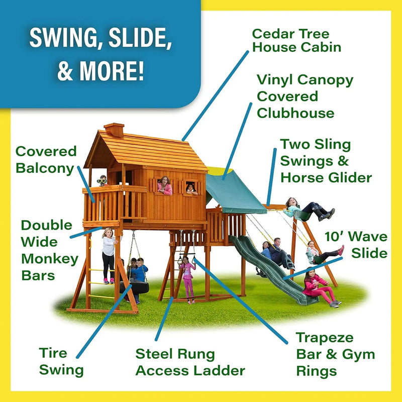 Premium Cedar Wood Tree House Swing Set With Clubhouse, Wave Slide And Spiral Slide (SAK29581) by SAKSBY WHOLESALE