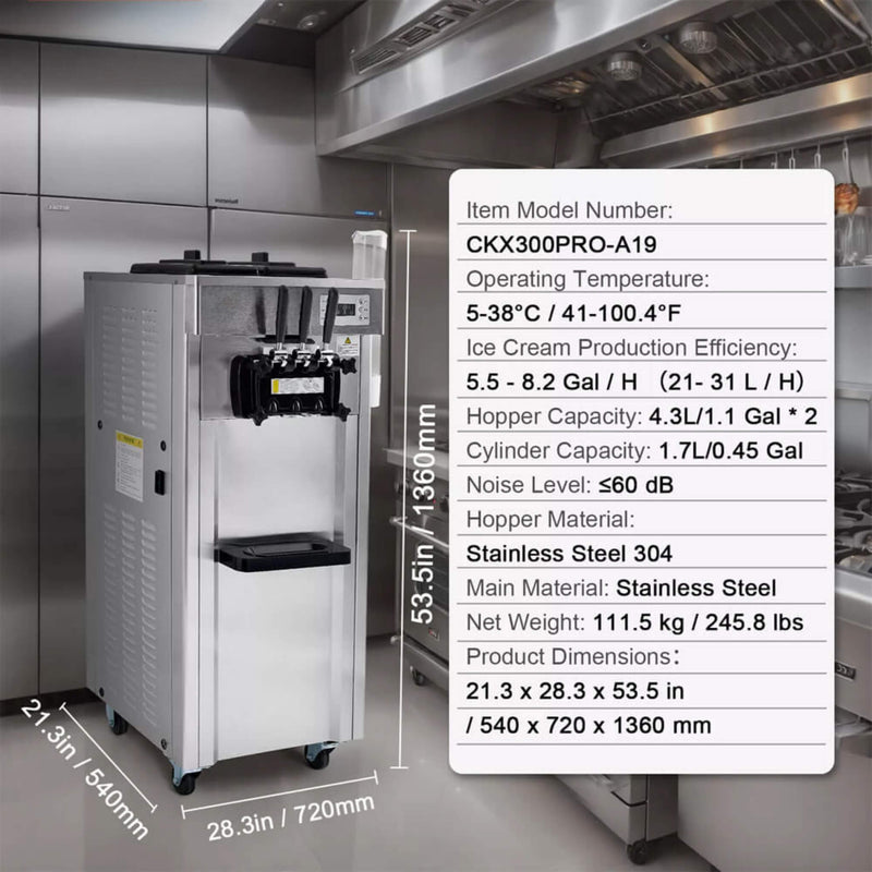 Commercial 21-31 L/H 3-Flavor Freestanding Soft Serve Ice Cream Machine Maker (SAK21874) by SAKSBY WHOLESALE