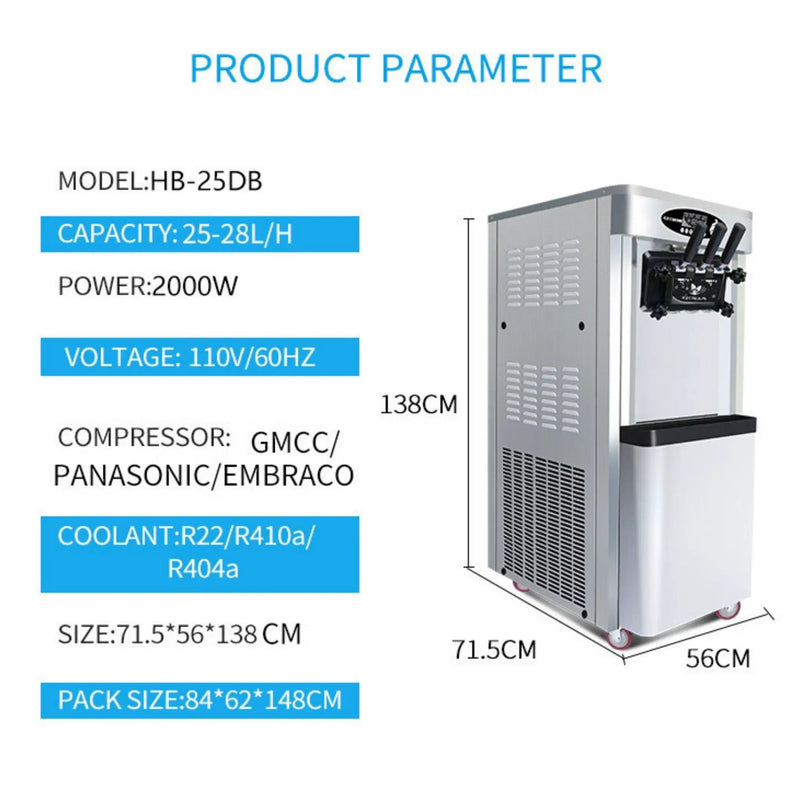 Commercial 25-30L/H Vertical 2000W 3-Flavor Soft Ice Cream Machine With Dual 6L Hoppers (SAK93406) by SAKSBY WHOLESALE