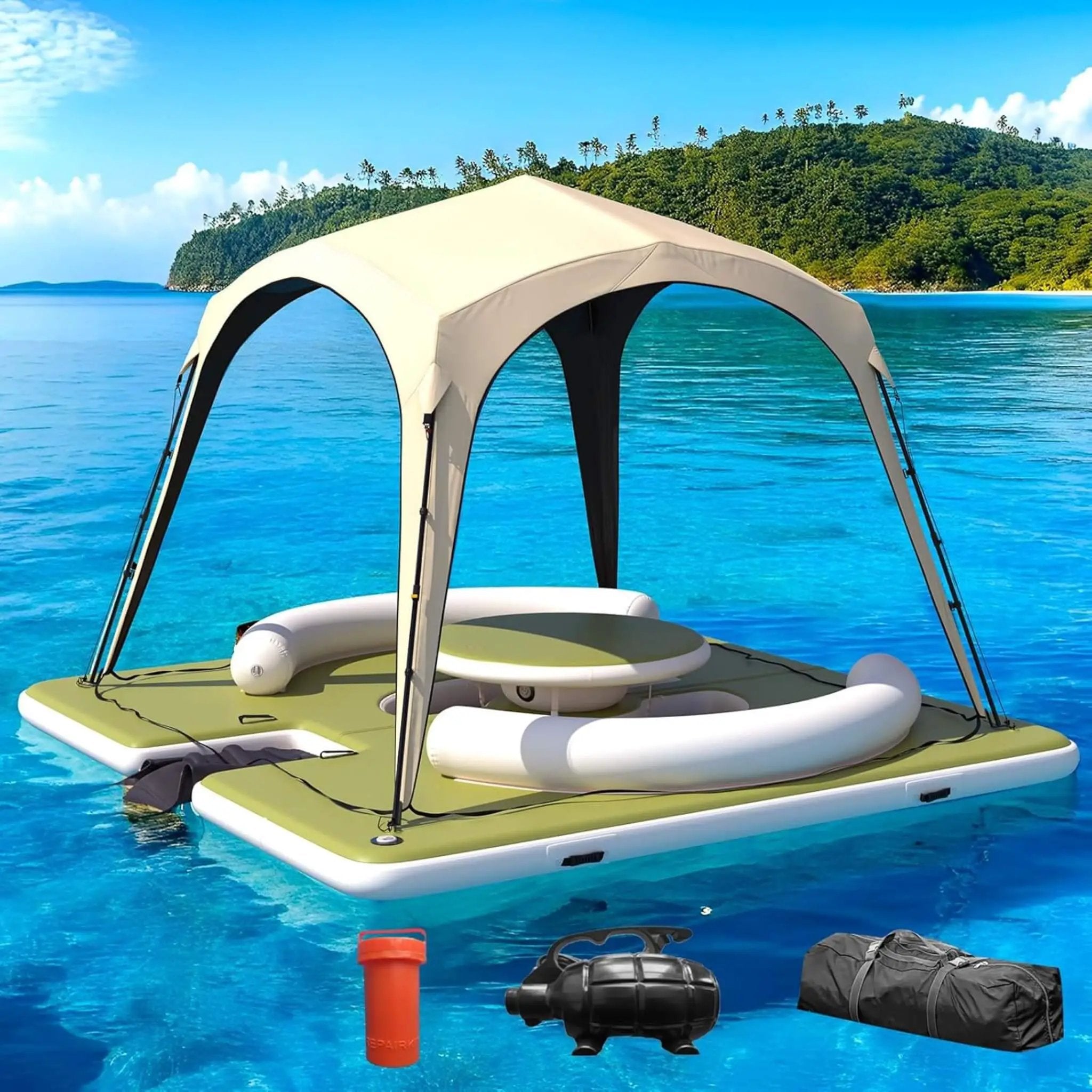 [11X11FT] Premium Floating Dock Lounge With With Ladder, Double Seats, Table, And Canopy (SAK49273) by SAKSBY WHOLESALE