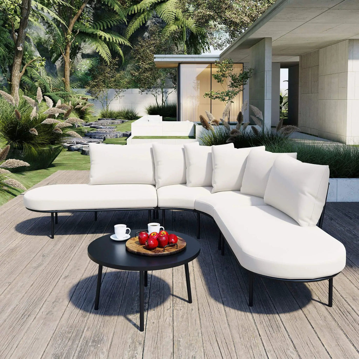 Premium Half-Moon 6-Person Curved All-Weather Outdoor Furniture Sofa Patio Set With Coffee Table And Cushions (SAK76332) by SAKSBY WHOLESALE