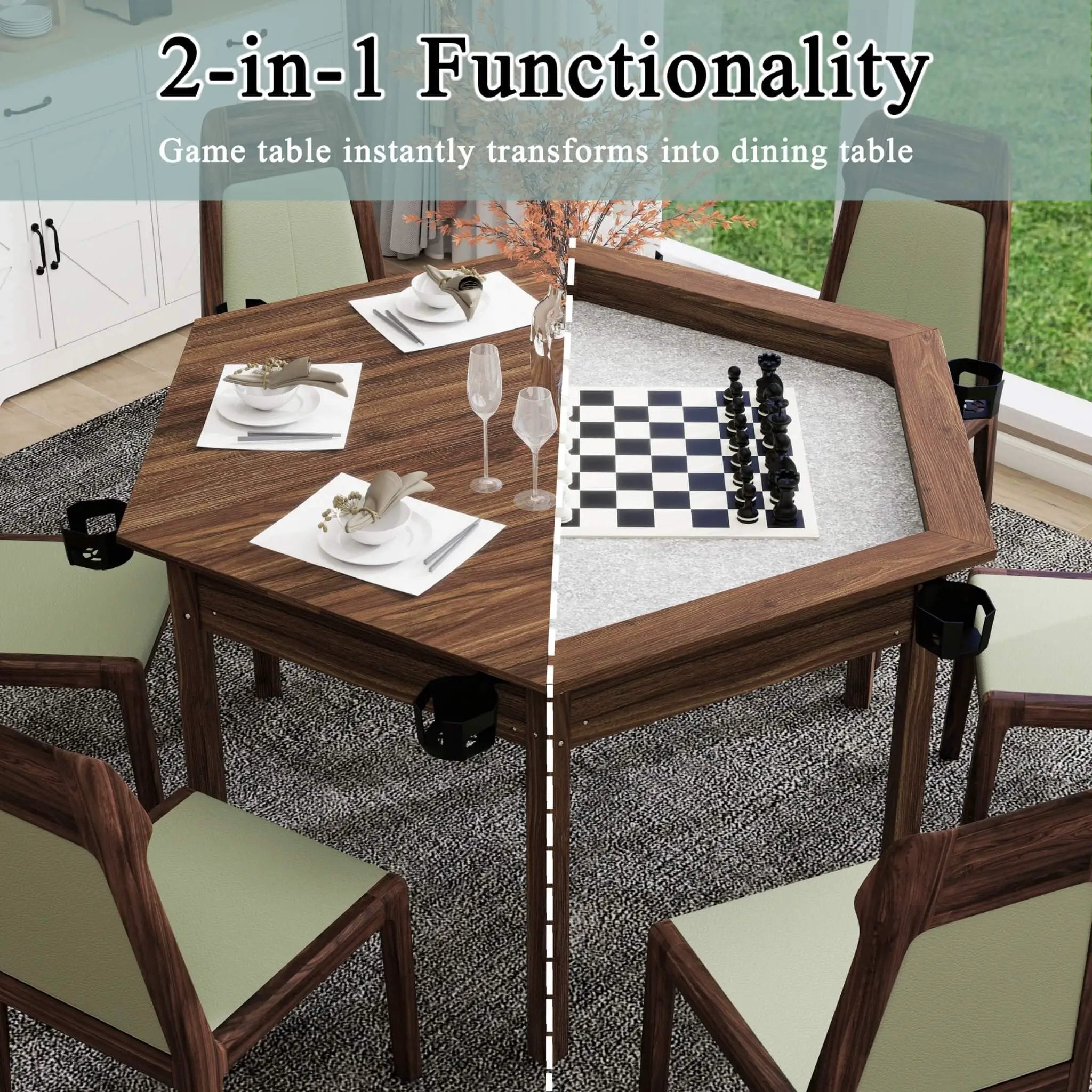 Premium 6-Person Hexagonal Game And Dining Table With Top, Mat And Cup Holders (SAK67845) by SAKSBY WHOLESALE