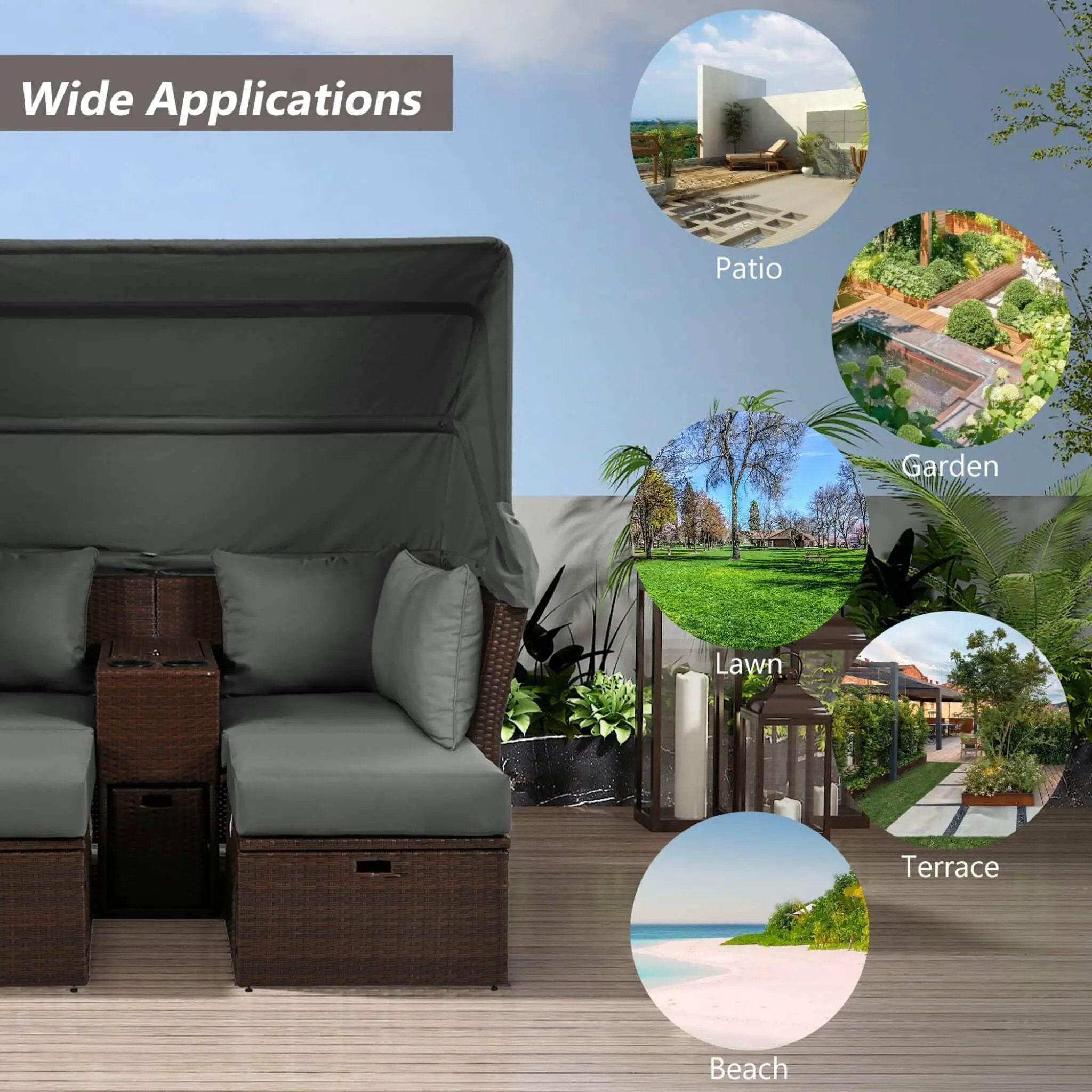 Alora Premium Outdoor 2-Seater Patio Daybed With Foldable Awning, Cushions, And Rattan Frame (SAK90233) by SAKSBY WHOLESALE
