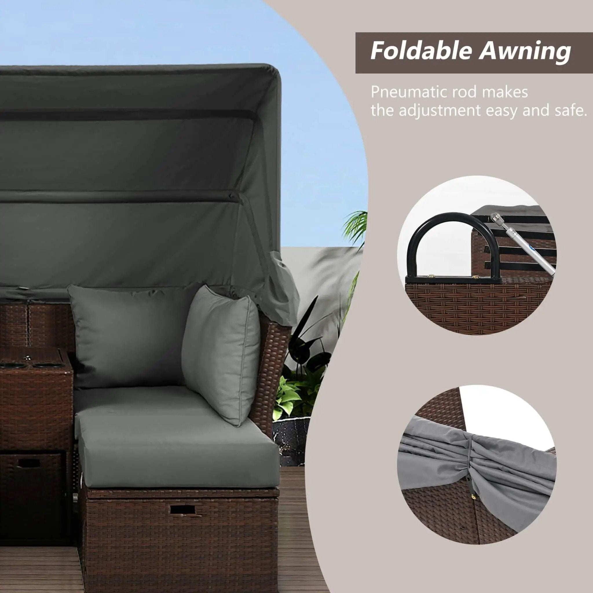 Alora Premium Outdoor 2-Seater Patio Daybed With Foldable Awning, Cushions, And Rattan Frame (SAK90233) by SAKSBY WHOLESALE
