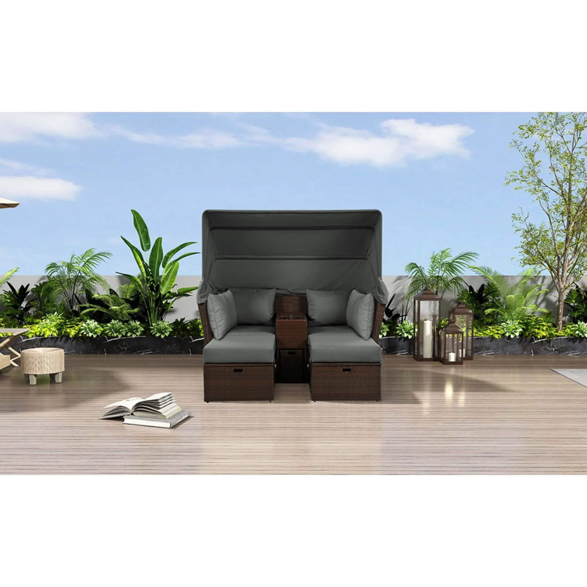 Alora Premium Outdoor 2-Seater Patio Daybed With Foldable Awning, Cushions, And Rattan Frame (SAK90233) by SAKSBY WHOLESALE