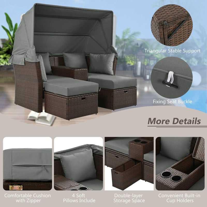 Alora Premium Outdoor 2-Seater Patio Daybed With Foldable Awning, Cushions, And Rattan Frame (SAK90233) by SAKSBY WHOLESALE