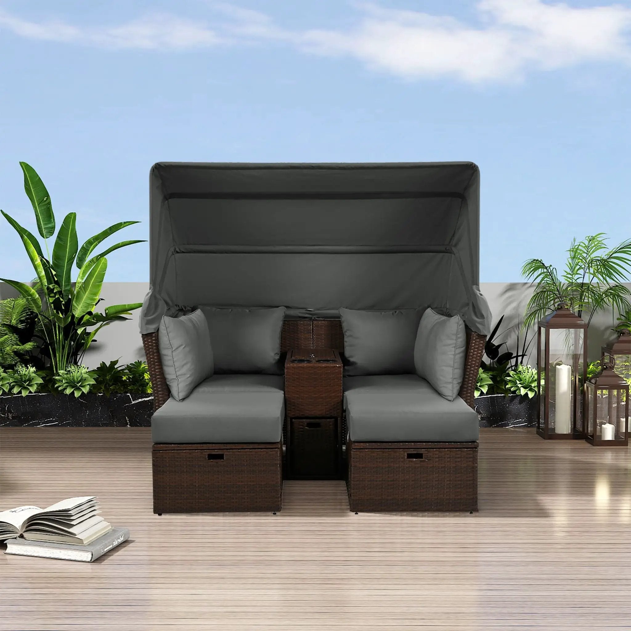 Alora Premium Outdoor 2-Seater Patio Daybed With Foldable Awning, Cushions, And Rattan Frame (SAK90233) by SAKSBY WHOLESALE