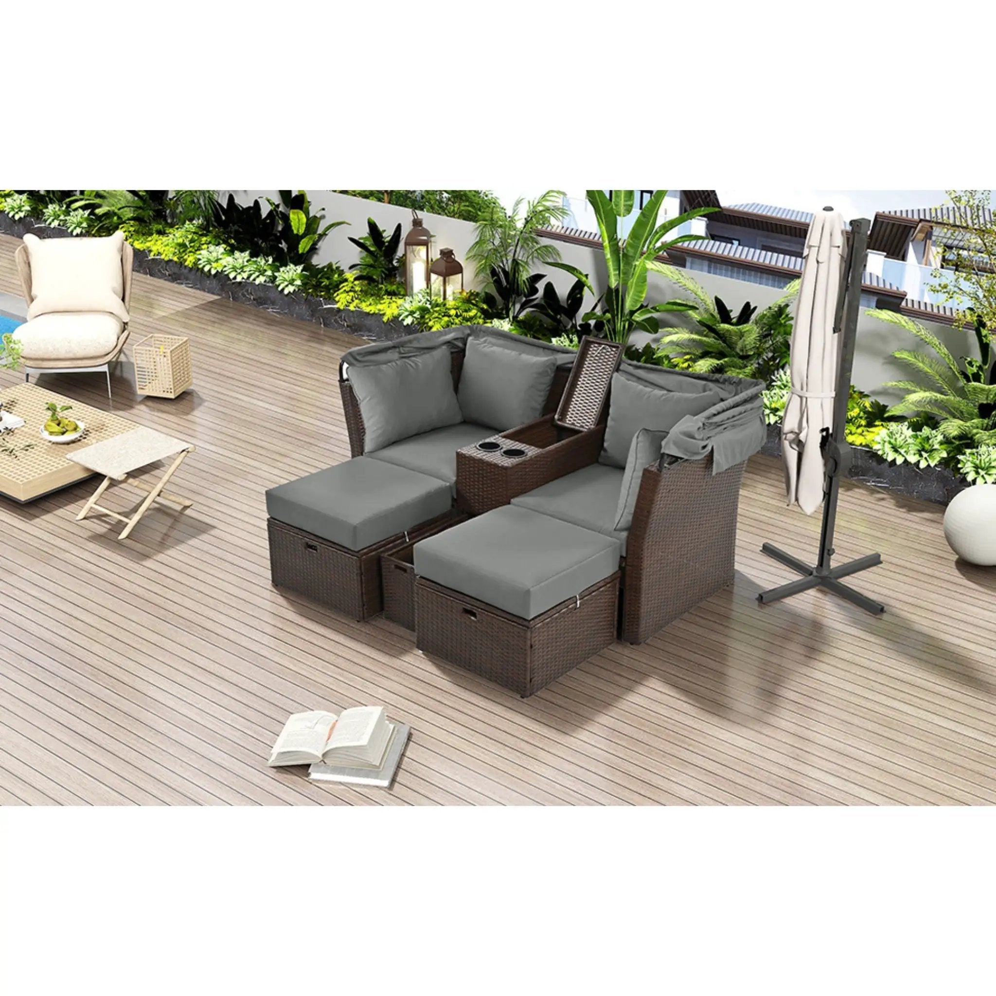 Alora Premium Outdoor 2-Seater Patio Daybed With Foldable Awning, Cushions, And Rattan Frame (SAK90233) by SAKSBY WHOLESALE